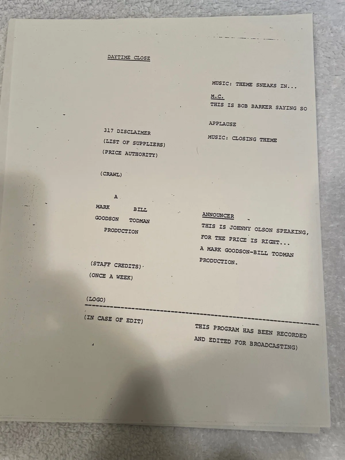 BOB BARKER — BOB BARKER The Price Is Right AUTOGRAPHED SCRIPT 24 Pgs w Mark Goodson Envelope, image 5