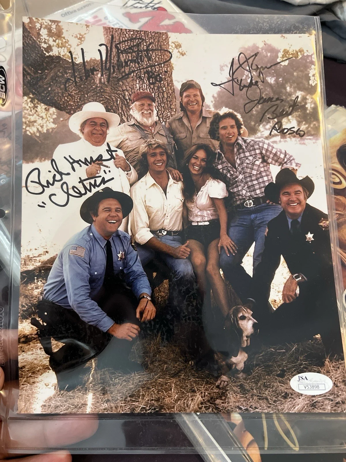 John Schneider, Tom Wopat, James Best, Rick Hirst — Dukes of Hazzard - Bo, Luke, Rosco, And Cletus - Cast Signed Photo JSA