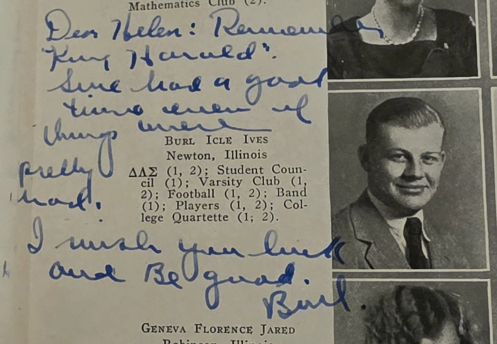 Burl Ives — Burl Ives Rare Signed College Yearbook 1929 Christmas 🎄 Icon, изображение 2