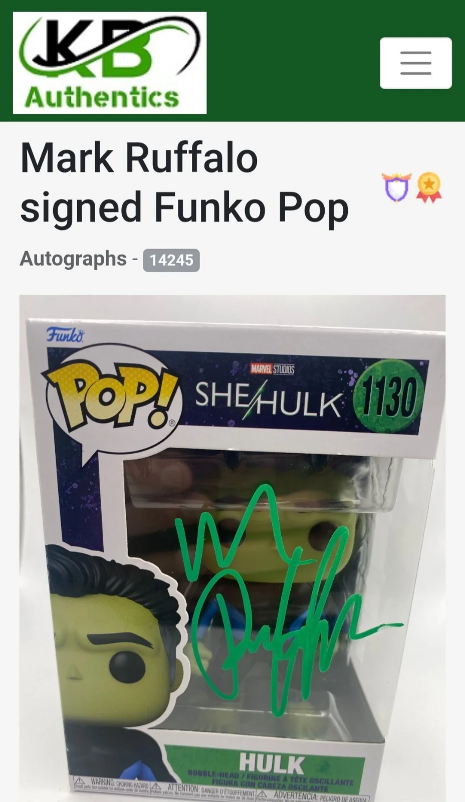 Mark Ruffalo — MARK RUFFALO SIGNED HULK FUNKO POP SHEHULK #1130 W/ Pop Protector, image 2