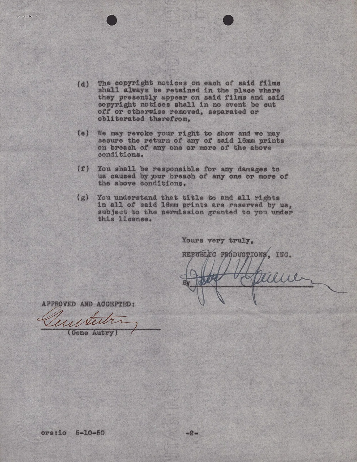 Gene Autry — GENE AUTRY - DOCUMENT SIGNED 05/15/1950, image 2
