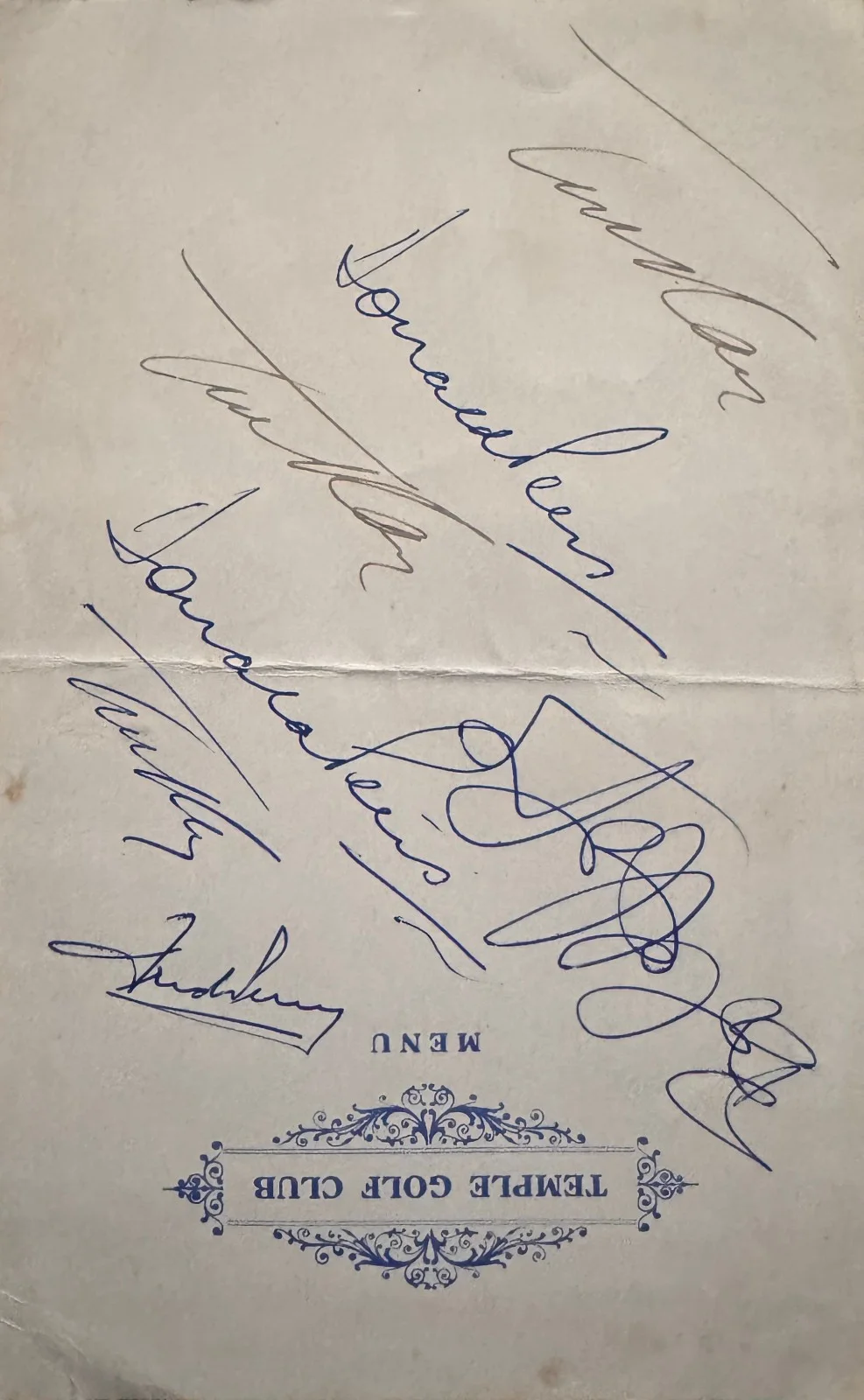 TEMPLE GOLF CLUB MENU SIGNED BY BOB HOPE FRED PERRY TED RAY & DONALD PEERS 1952, изображение 2