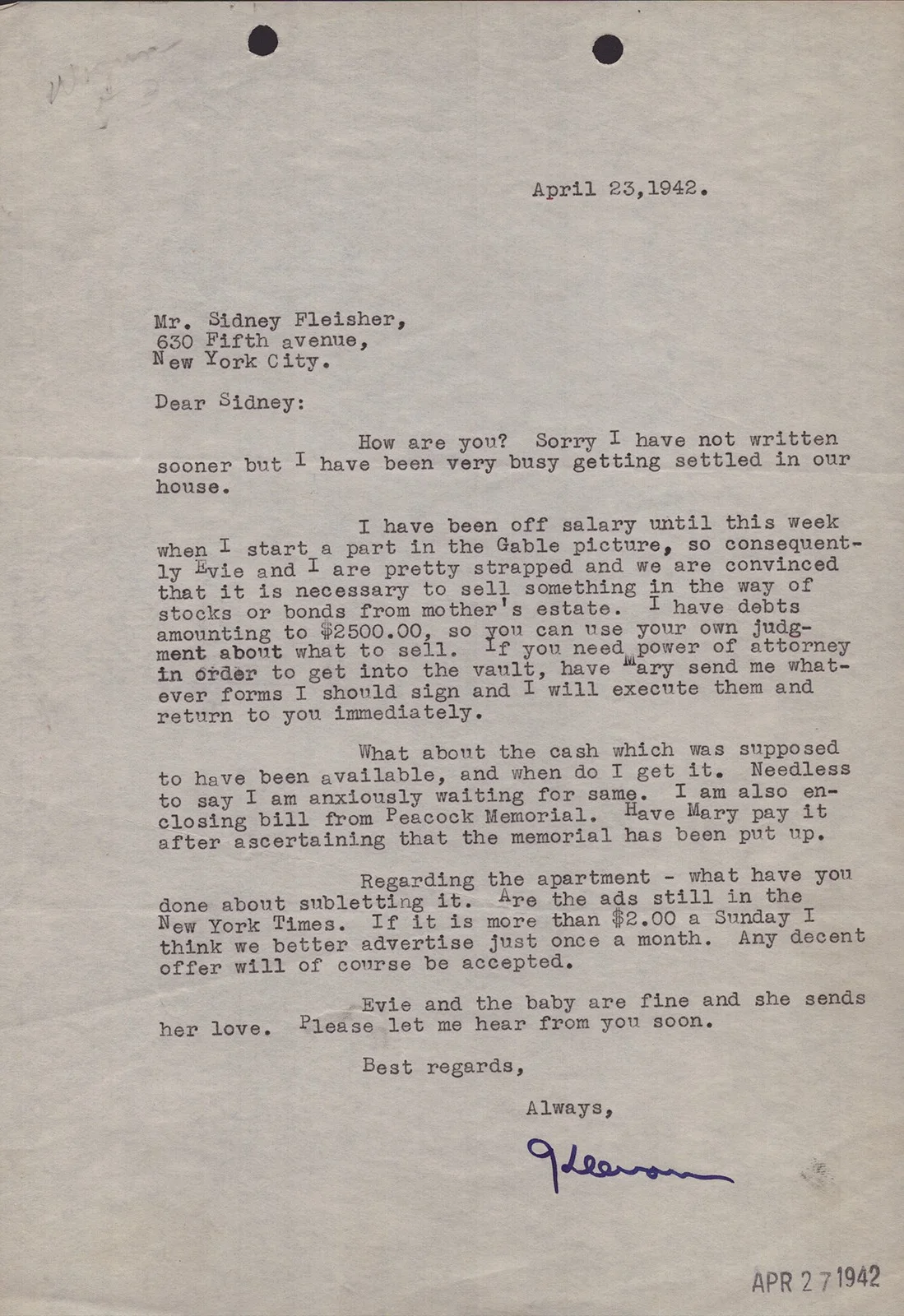 Keenan Wynn — KEENAN WYNN - TYPED LETTER SIGNED 04/23/1942