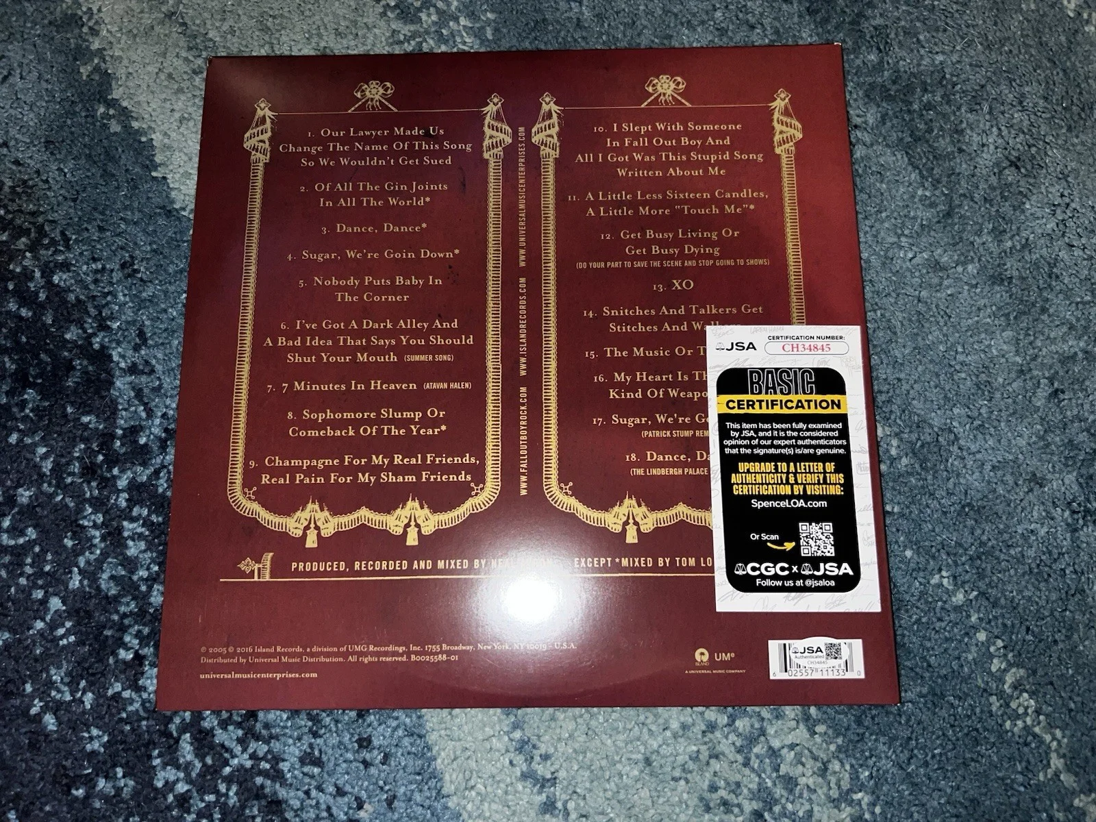 Pete Wentz Signed Fall Out Boy Vinyl From Under The Cork Tree JSA Auth, image 2