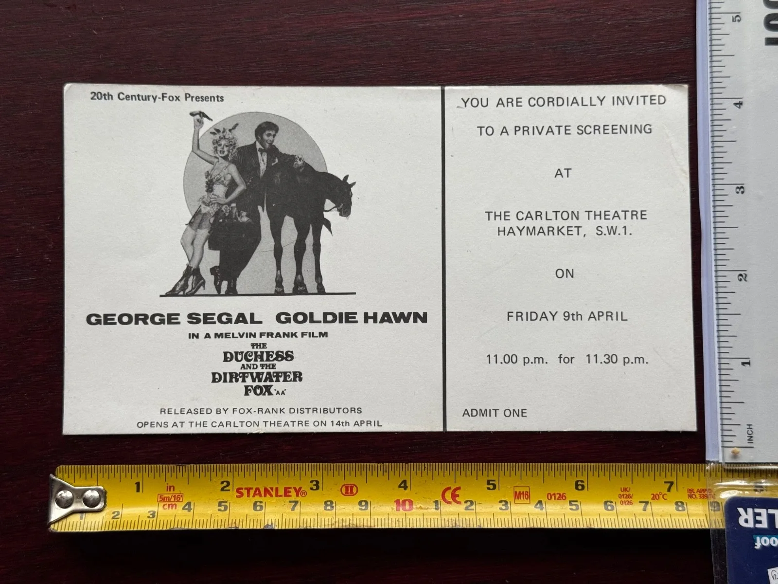 The Duchess and the Dirtwater Fox1976 PreviewScreening Ticket London Goldie Hawn, изображение 2