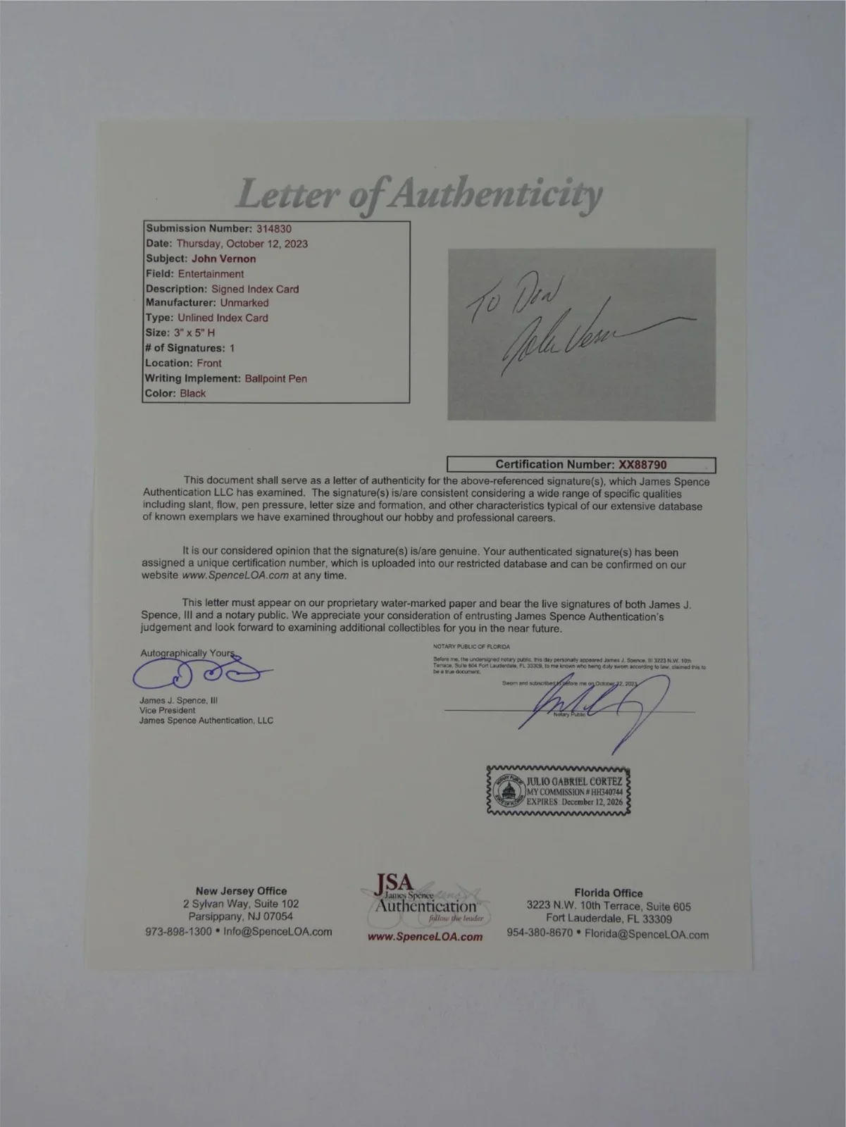 John Vernon — John Vernon Signed 3x5 Index Card Autographed Animal House To Don JSA LOA COA, image 5