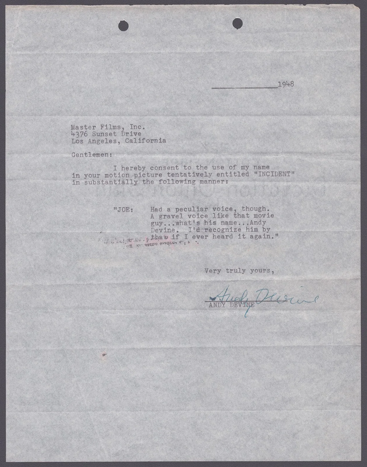 Andy Devine — ANDY DEVINE - DOCUMENT SIGNED 1948