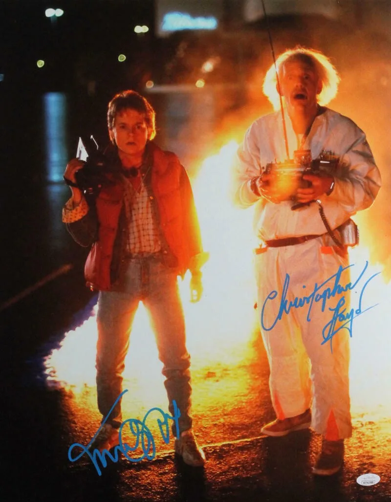 Christopher Lloyd/MJ Fox — Christopher Lloyd/MJ Fox Signed Back to the Future 16x20 Fire Photo- JSA W *Blue
