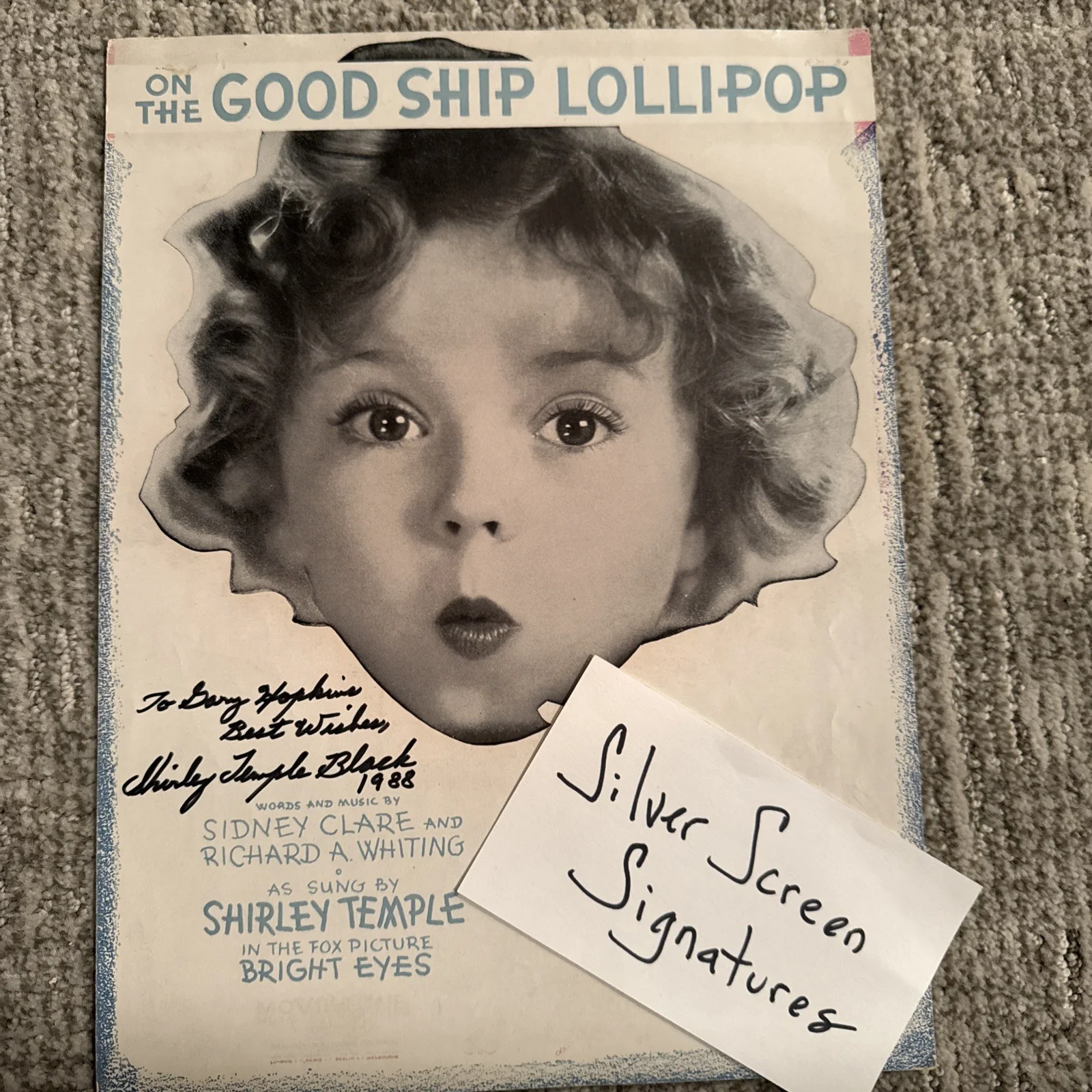 Shirley Temple Signed Autograph Sheet Music Bright Eyes COA Good Ship Lollipop, изображение 2