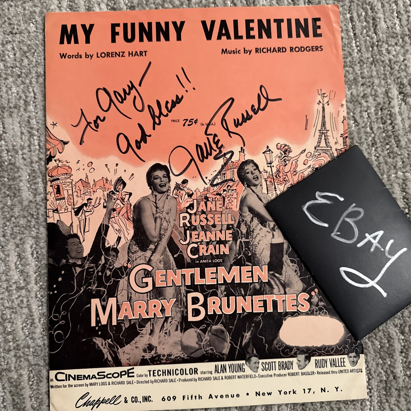 Jane Russell Signed Autograph Sheet Music My Funny Valentine COA Gentlemen, изображение 2