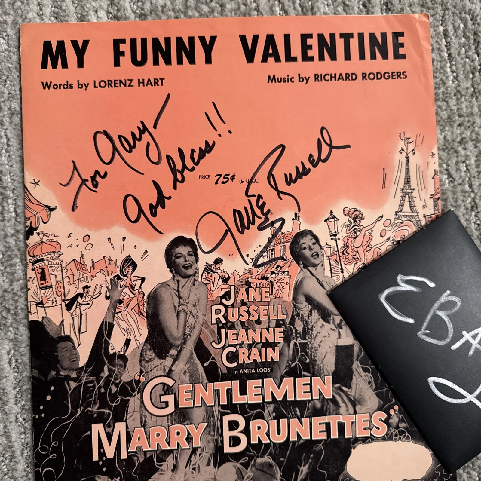 Jane Russell Signed Autograph Sheet Music My Funny Valentine COA Gentlemen, изображение 3