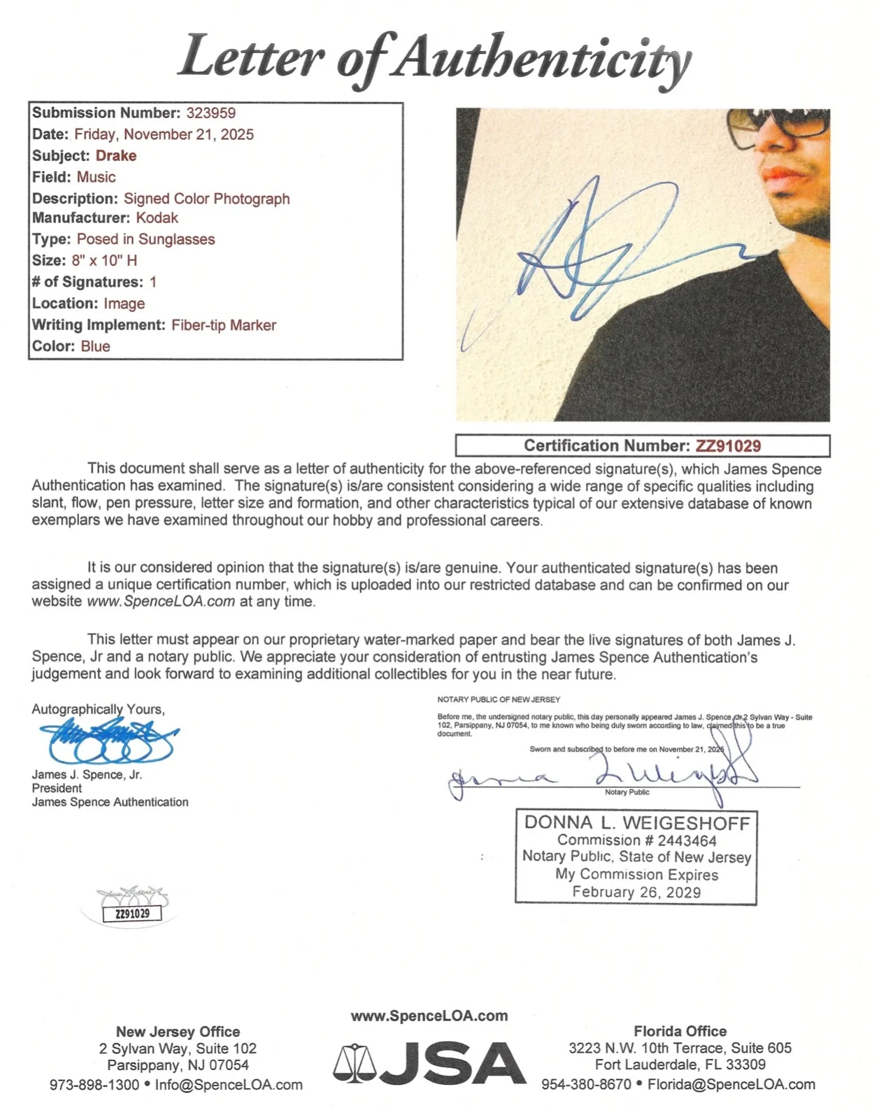 Drake Aubrey Graham Signed 8x10 Photo JSA LOA Auto Autograph Rapper Views CLB, изображение 2