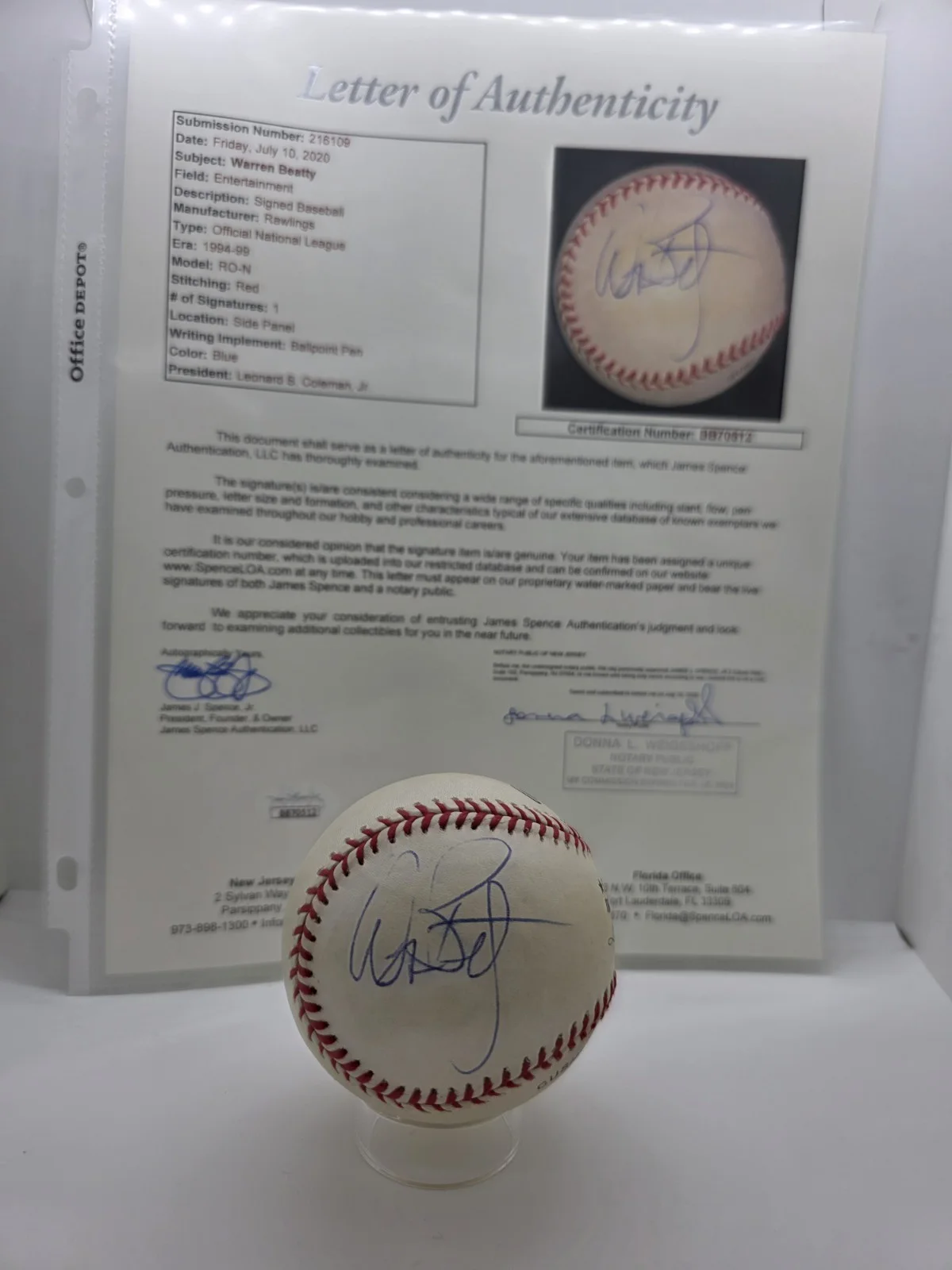 WARREN BEATTY — WARREN BEATTY MOVIE STAR SIGNED / AUTOGRAPHED N.L. Coleman BASEBALL ~JSA LOA!!