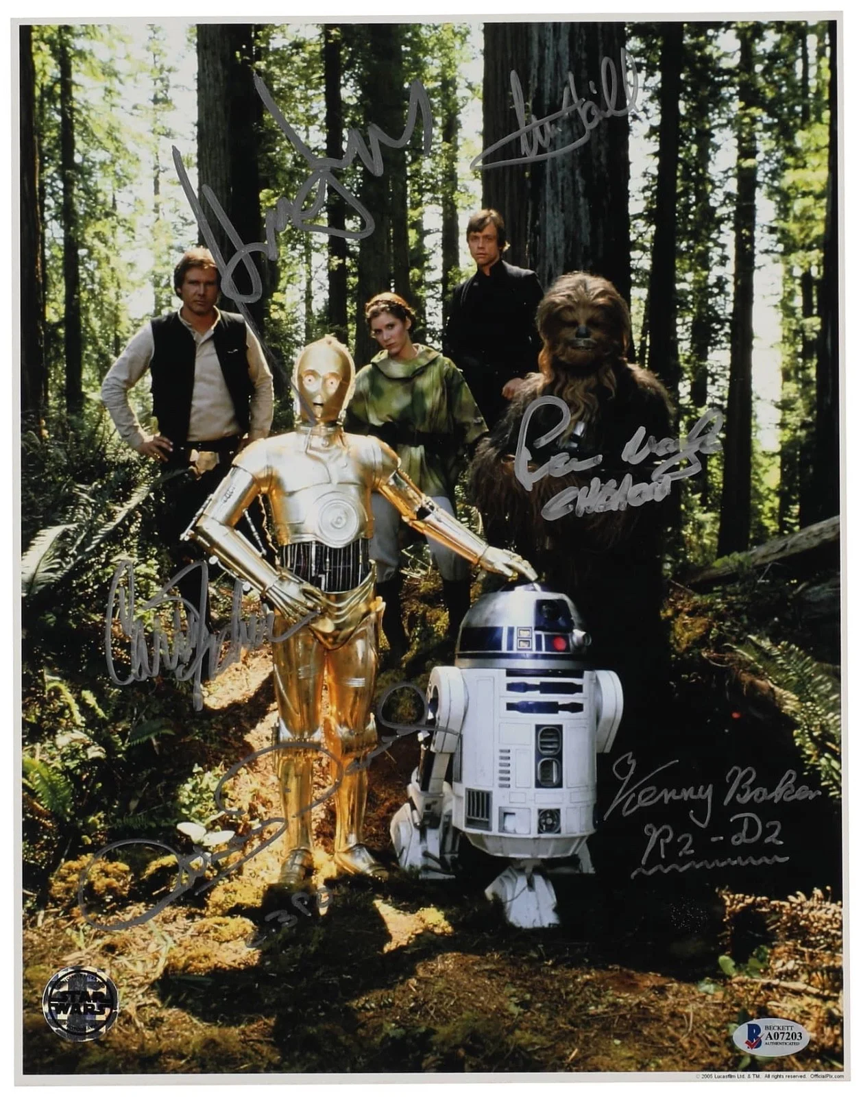 Carrie Fisher, Harrison Ford, Mark Hamill — Star Wars: Return of the Jedi Heroes Multi-Signed Photograph (6 Signatures), image 2