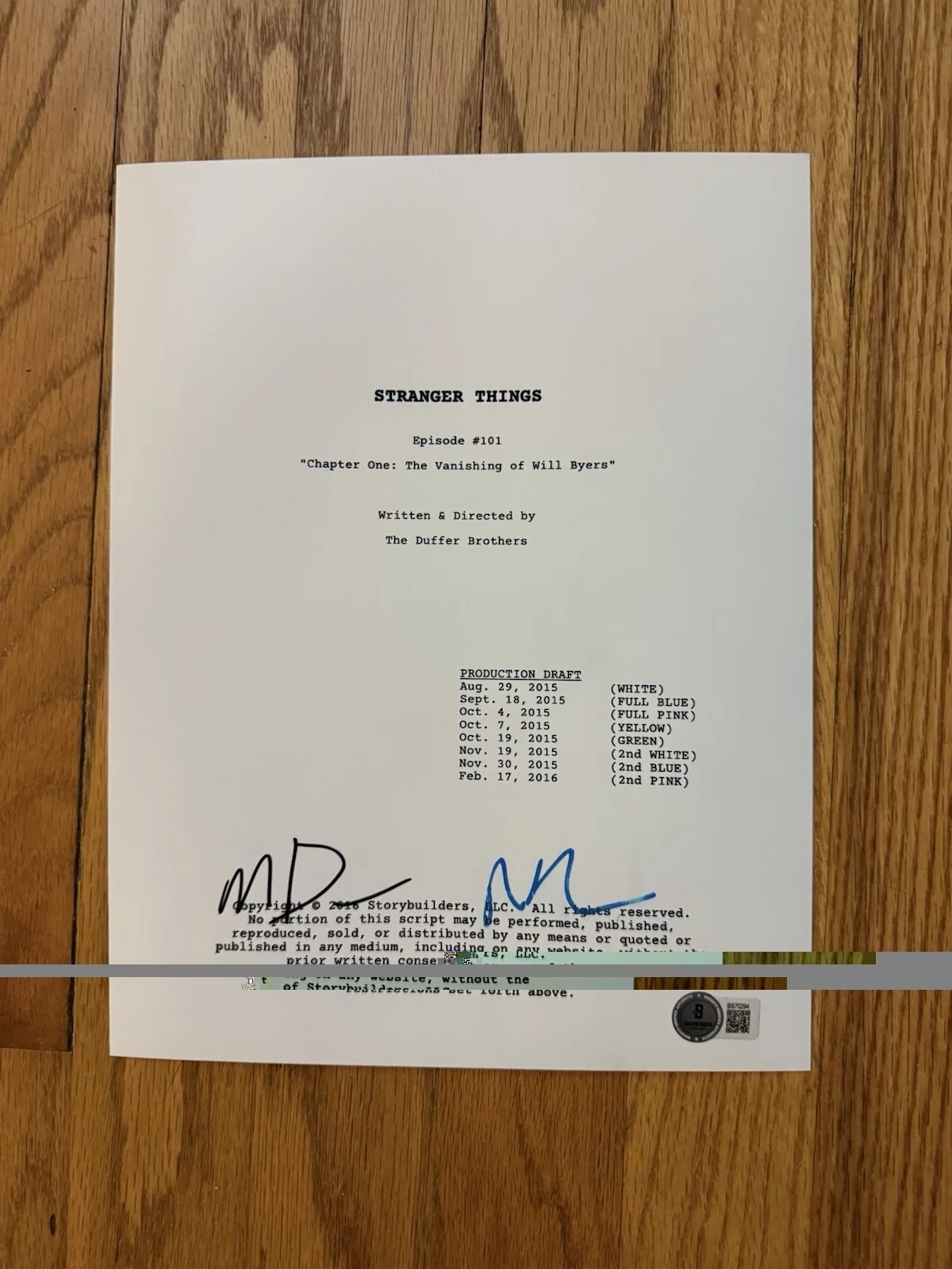 MATT AND ROSS DUFFER — MATT DUFFER ROSS DUFFER Signed Autograph Stranger Things Pilot FULL SCRIPT BAS