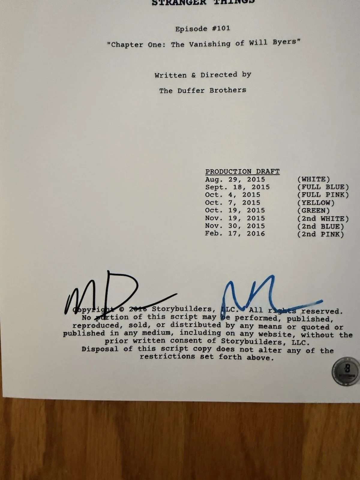 MATT, ROSS DUFFER — MATT DUFFER ROSS DUFFER Signed Autograph Stranger Things Pilot FULL SCRIPT BAS, image 2