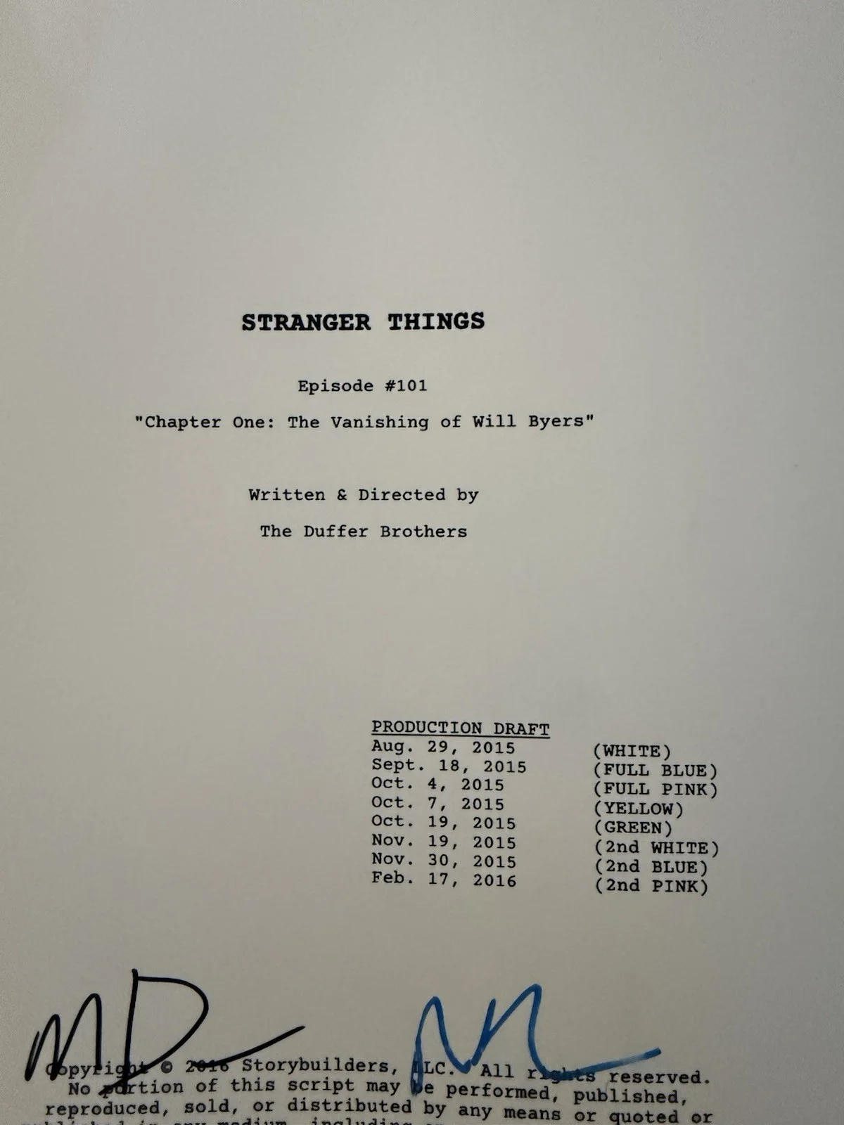 MATT, ROSS DUFFER — MATT DUFFER ROSS DUFFER Signed Autograph Stranger Things Pilot FULL SCRIPT BAS, image 3