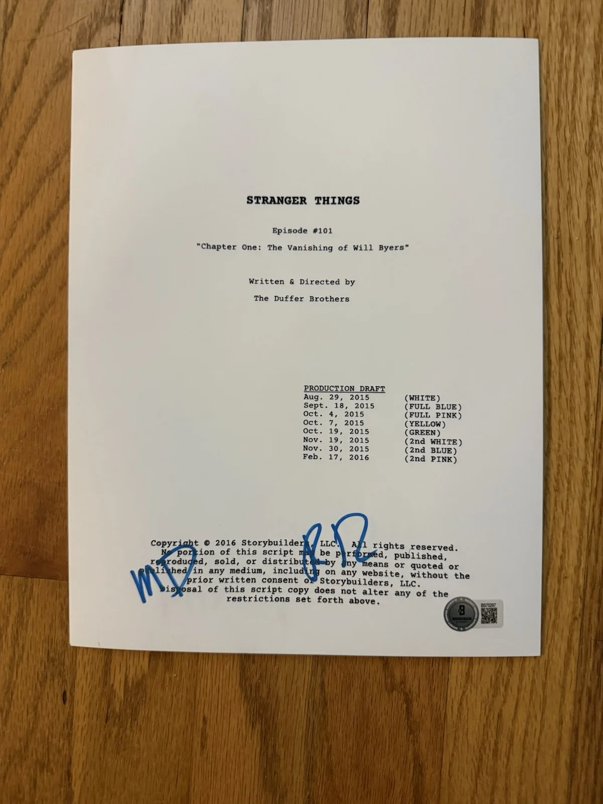 MATT AND ROSS DUFFER — MATT DUFFER ROSS DUFFER Signed Autograph Stranger Things Pilot FULL SCRIPT BAS