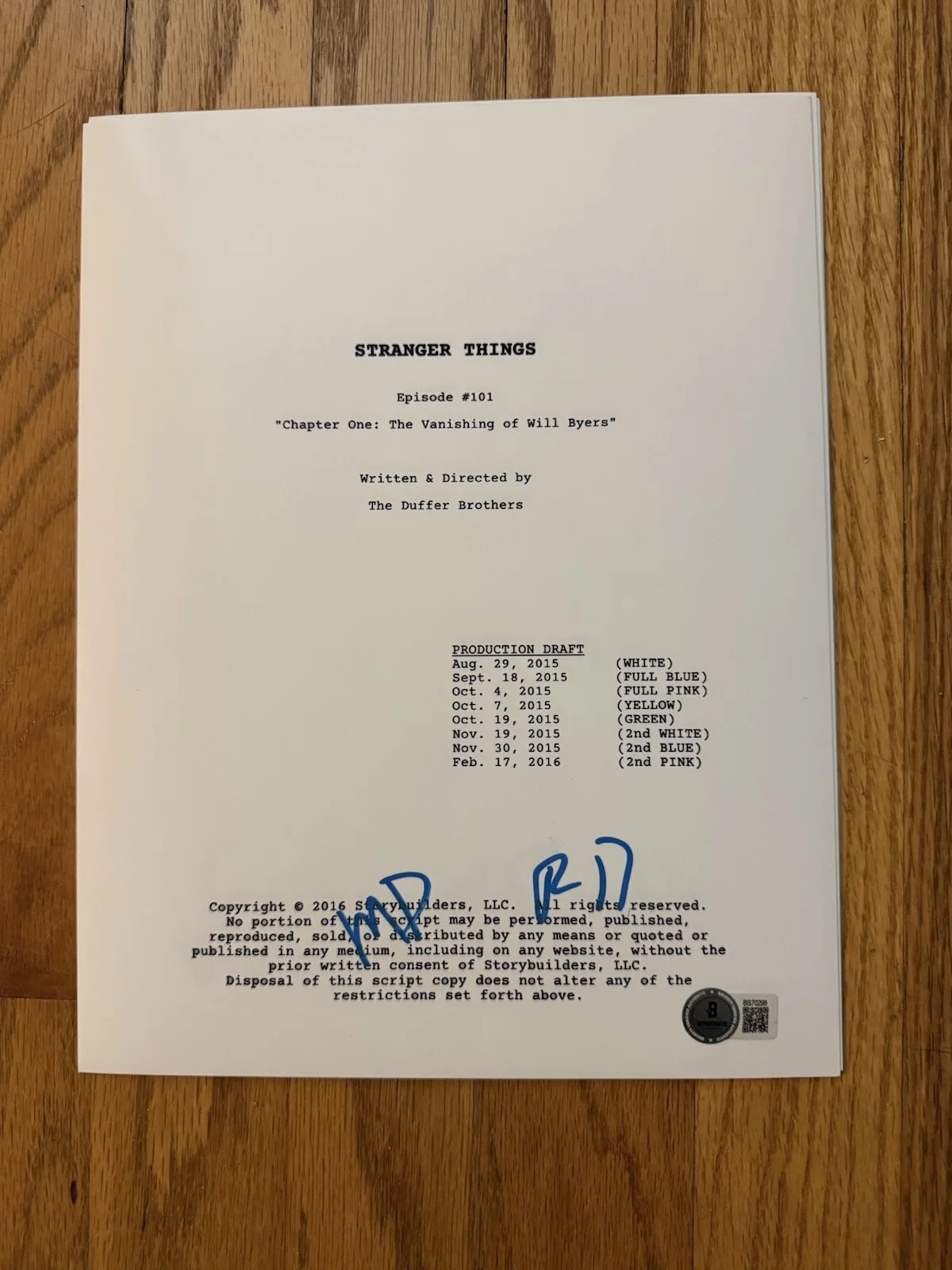 MATT AND ROSS DUFFER — MATT DUFFER ROSS DUFFER Signed Autograph Stranger Things Pilot FULL SCRIPT BAS