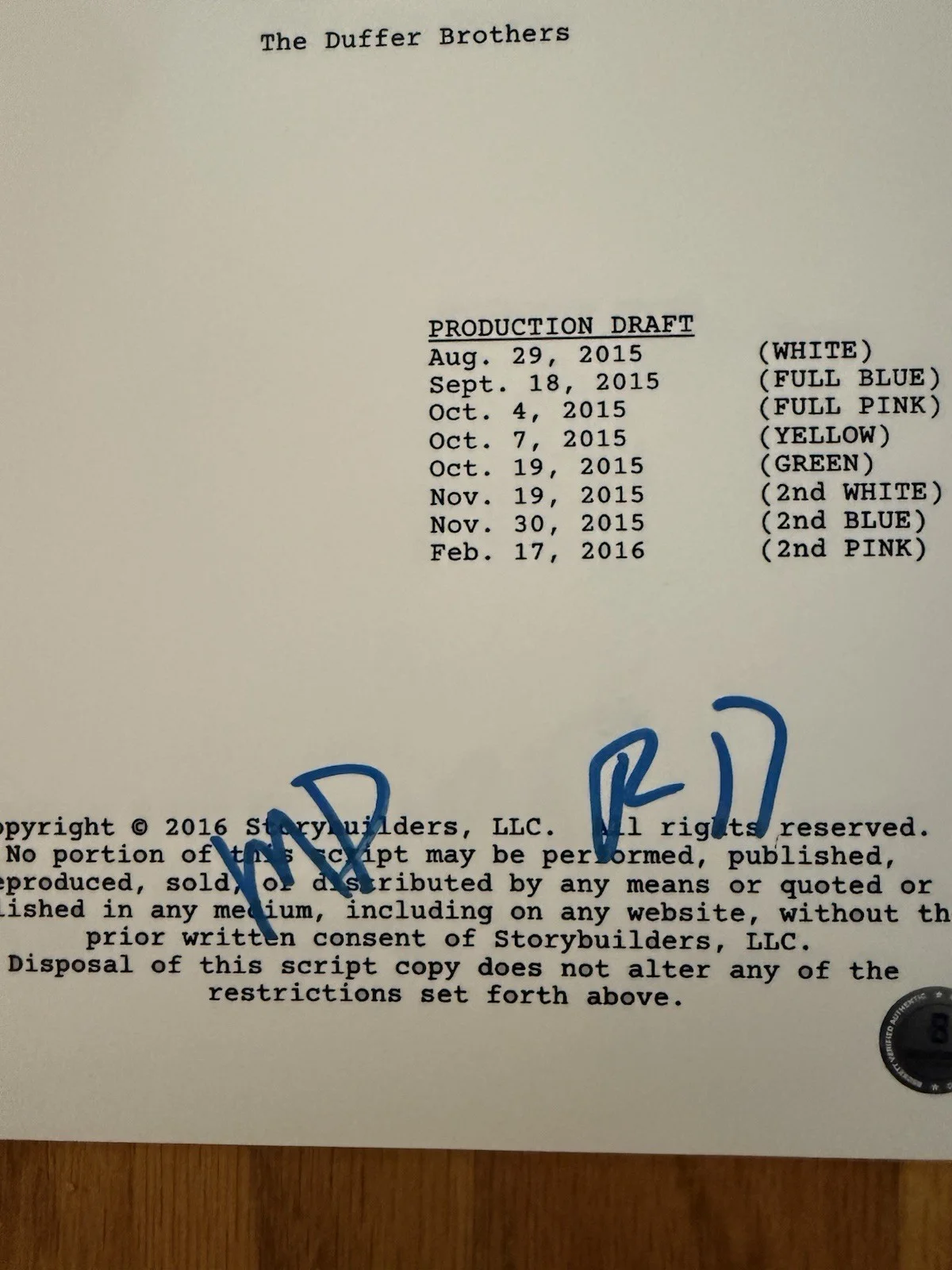 MATT, ROSS DUFFER — MATT DUFFER ROSS DUFFER Signed Autograph Stranger Things Pilot FULL SCRIPT BAS, изображение 2