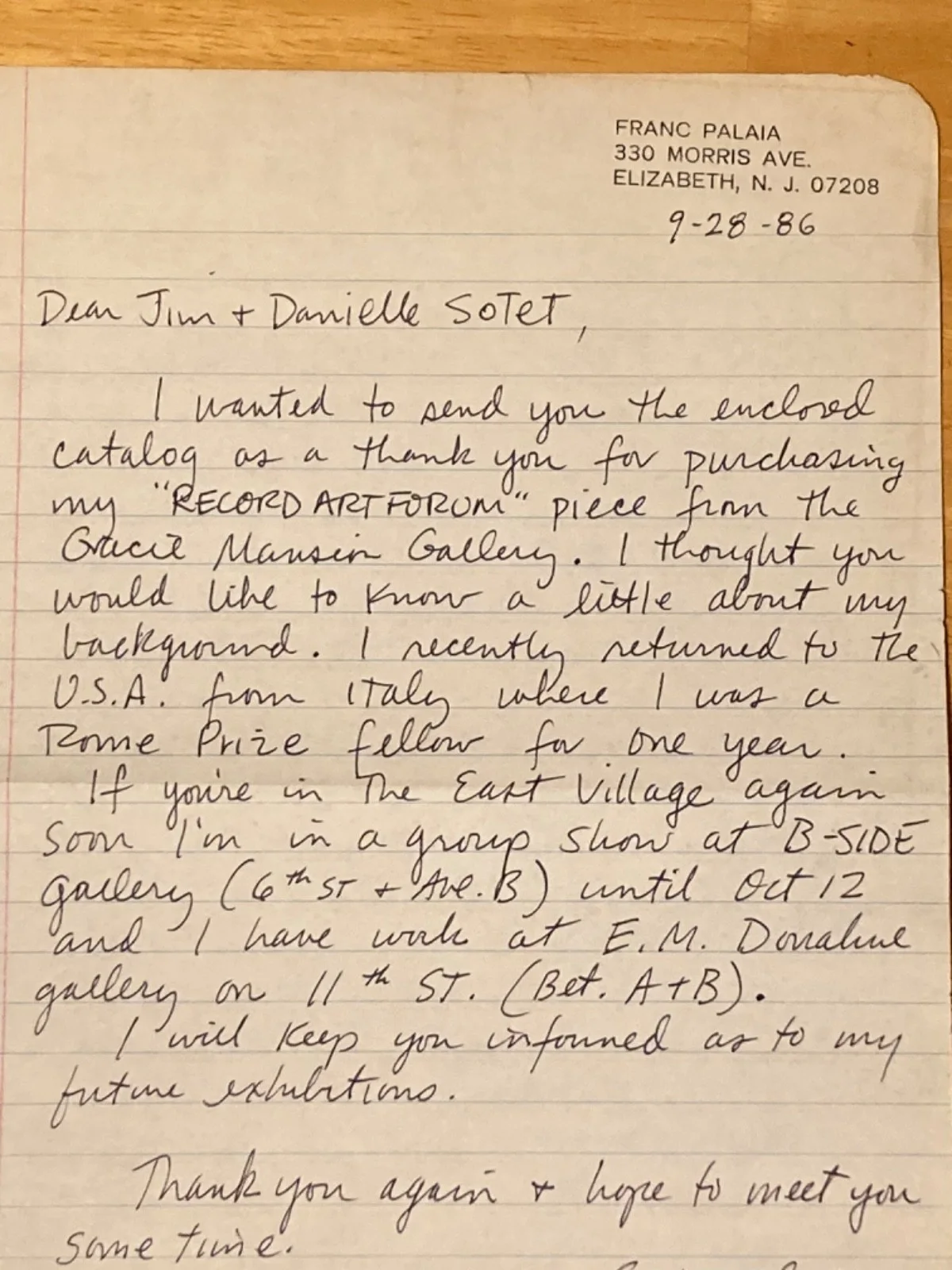 Franc Palaia — Franc Palaia SIGNED Personal Letter (to Friends) Artist, Painter, Sculpture, etc, image 2