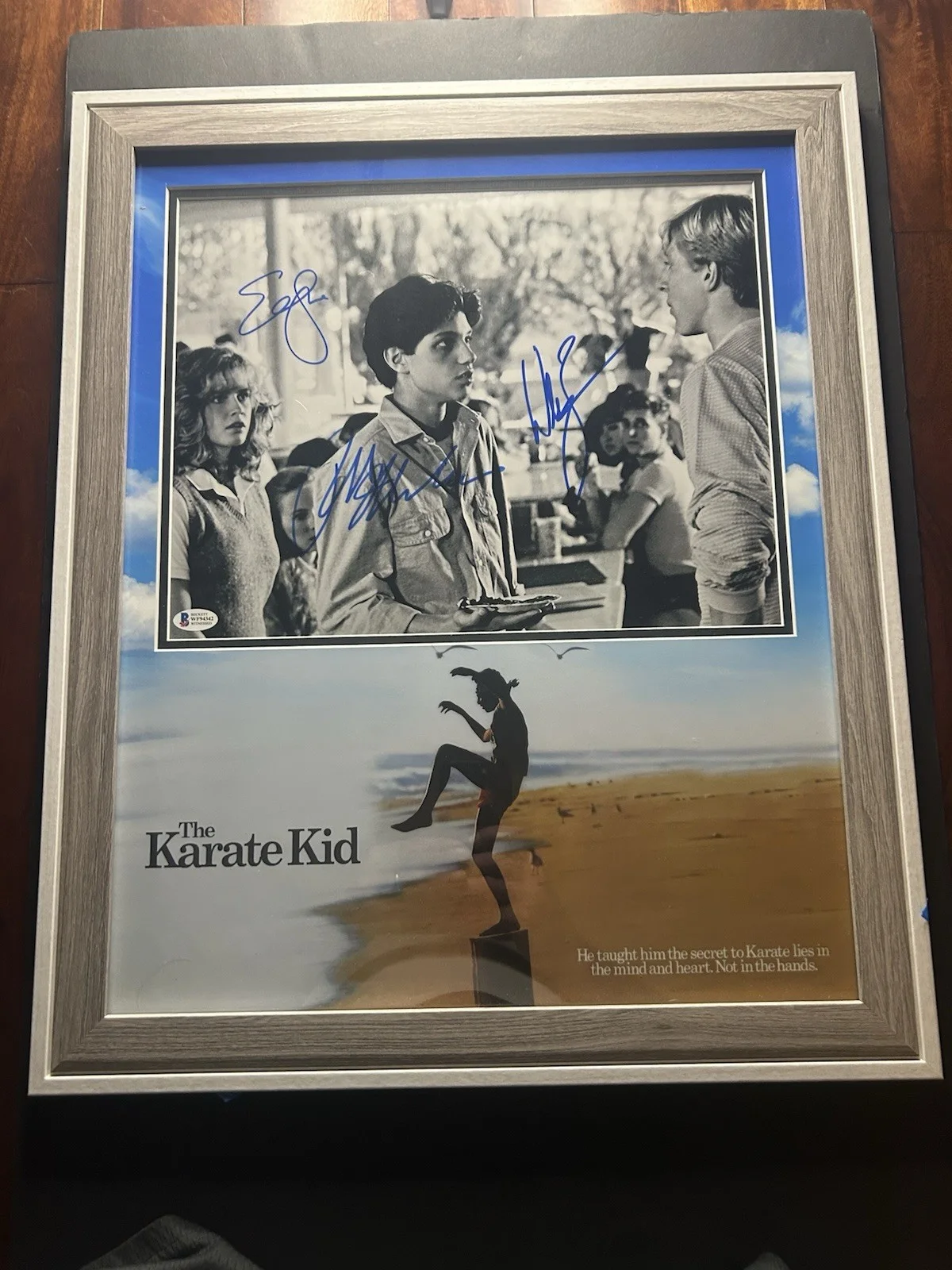 Ralph Macchio, William Zabka and Elizabeth Shue — The Karate Kid- Custom Mat And Photo From Classic Film Autographed By 3