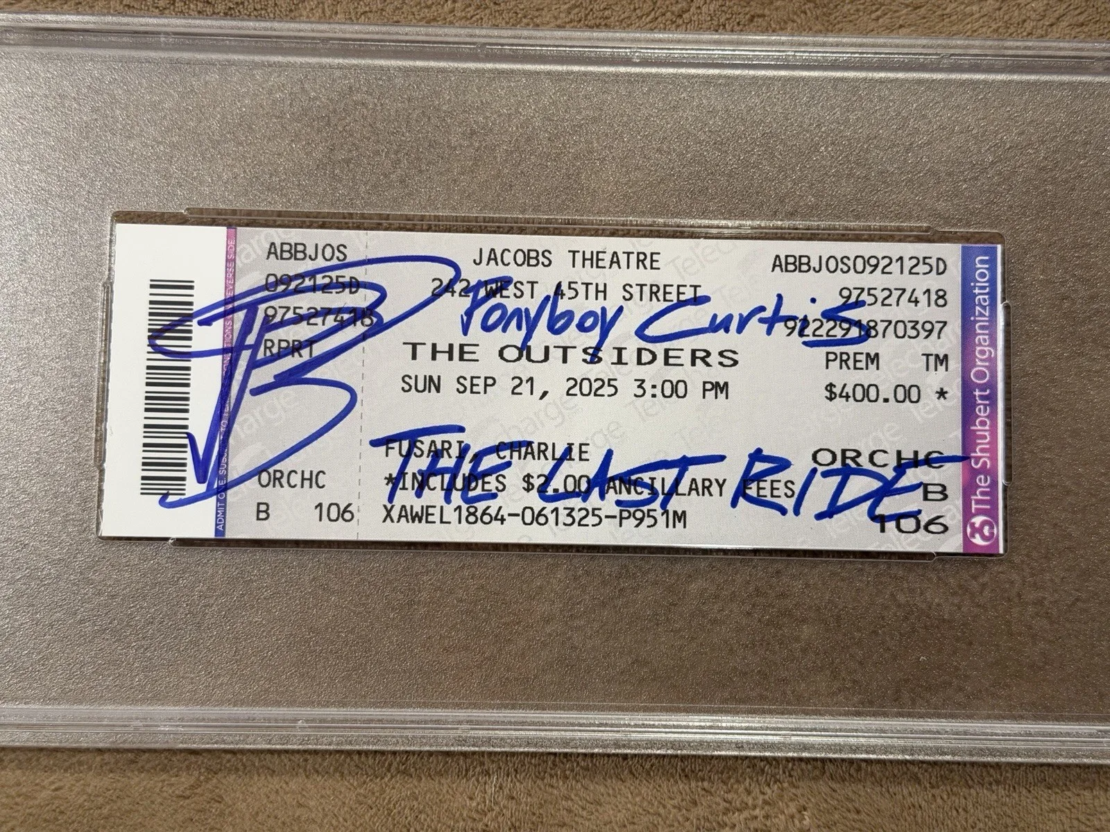 Brody Grant Signed Ticket Outsiders Final Performance PSA Autograph Authentic, image 2