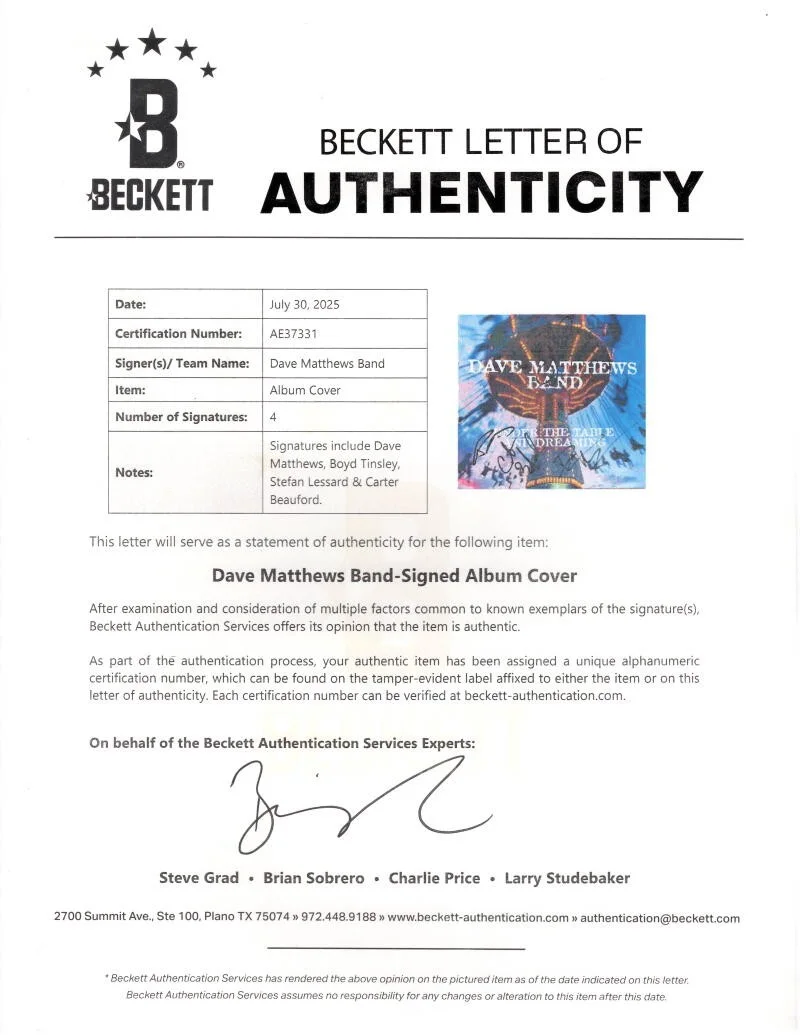 Carter Beauford, Stefan Lessard, Dave Matthews, Boyd Tinsley — Dave Matthews Band Signed Autograph Album Record - Under the Table Dreaming BAS, image 4