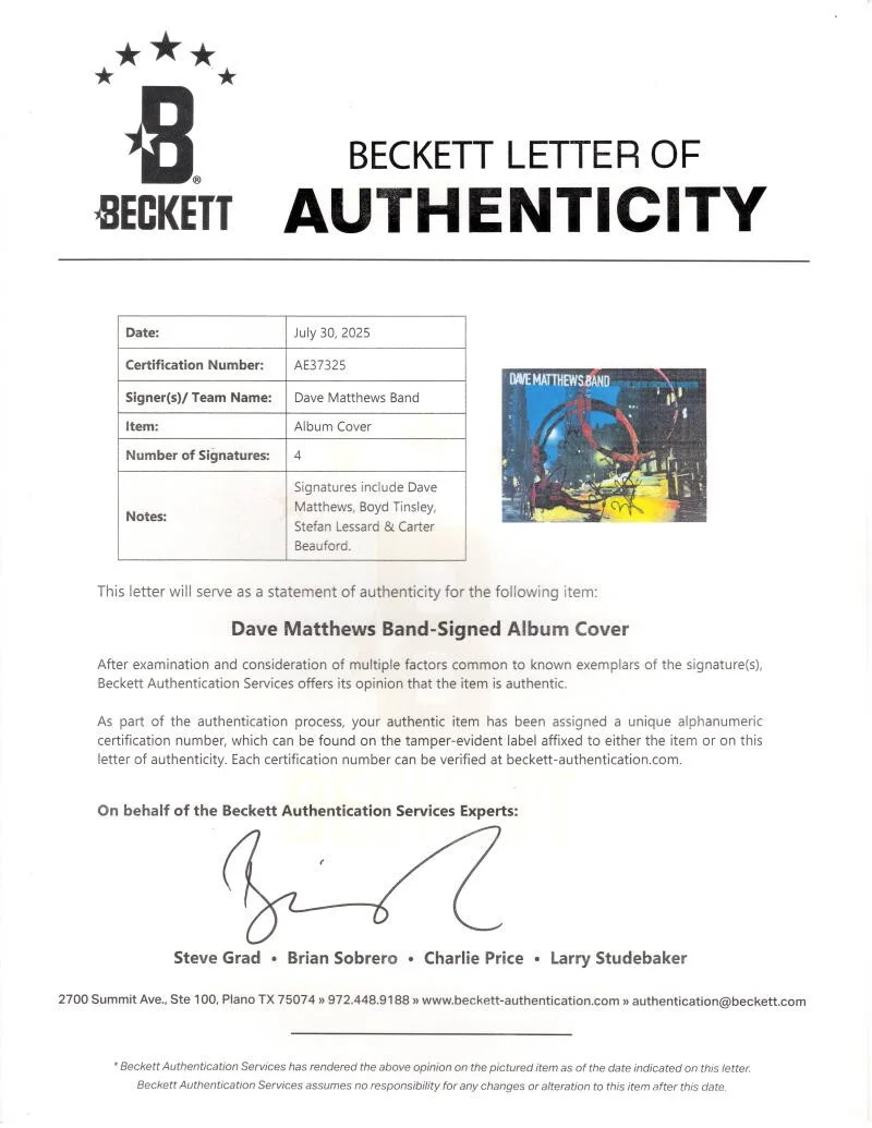 Carter Beauford, Stefan Lessard, Dave Matthews, Boyd Tinsley — Dave Matthews Band x4 Signed Autograph BTCS Album Vinyl Record w/ Beckett COA, image 4