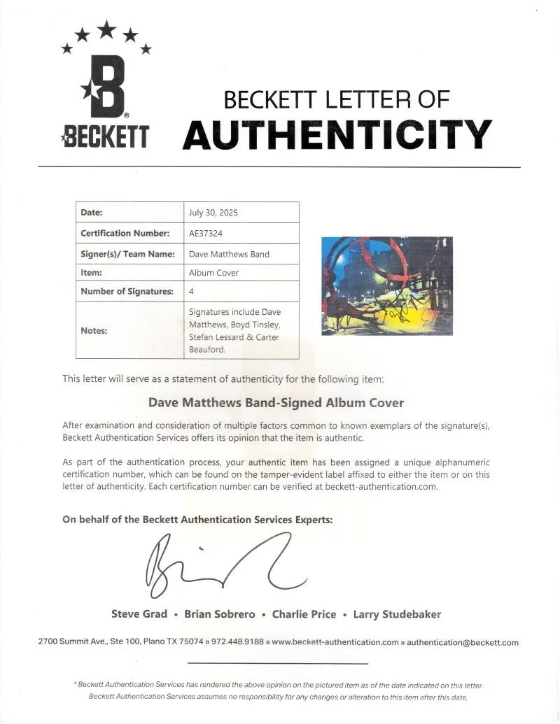 Carter Beauford, Stefan Lessard, Dave Matthews, Boyd Tinsley — Dave Matthews Band Signed Autograph BTCS Album - Boyd Tinsley +3 w/ Beckett COA, изображение 4