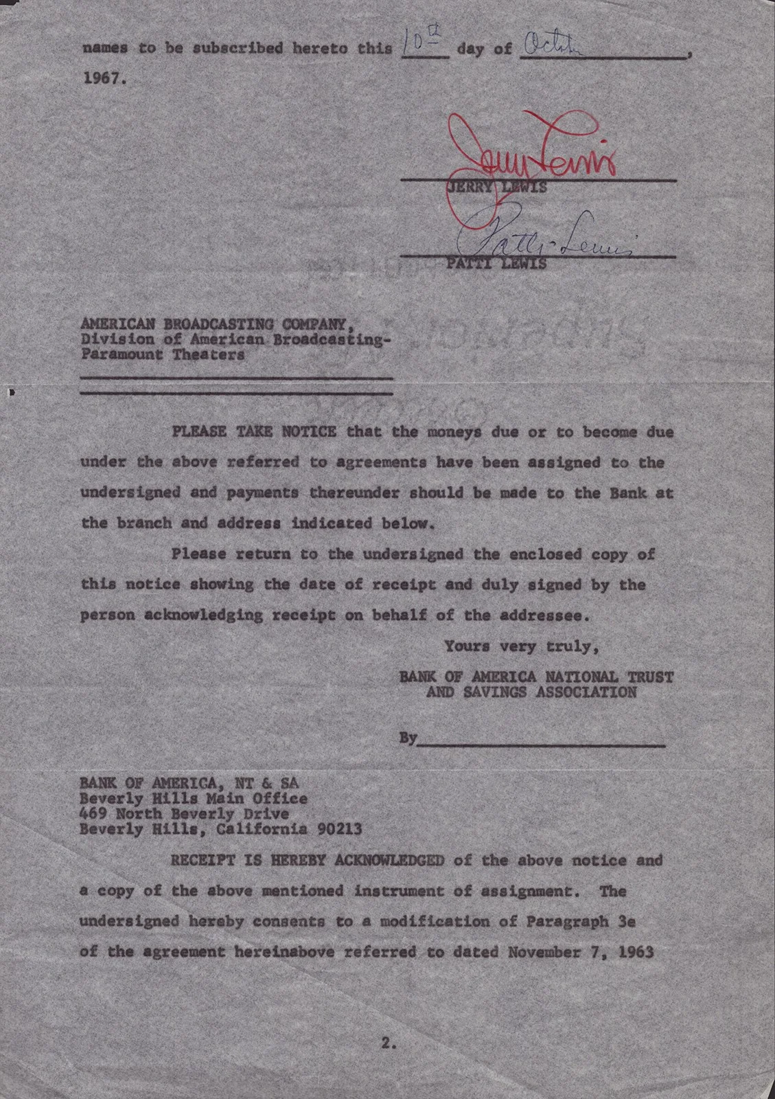 Jerry Lewis, Patti Palmer Lewis — JERRY LEWIS - DOCUMENT SIGNED 10/10/1967 WITH CO-SIGNERS, image 2