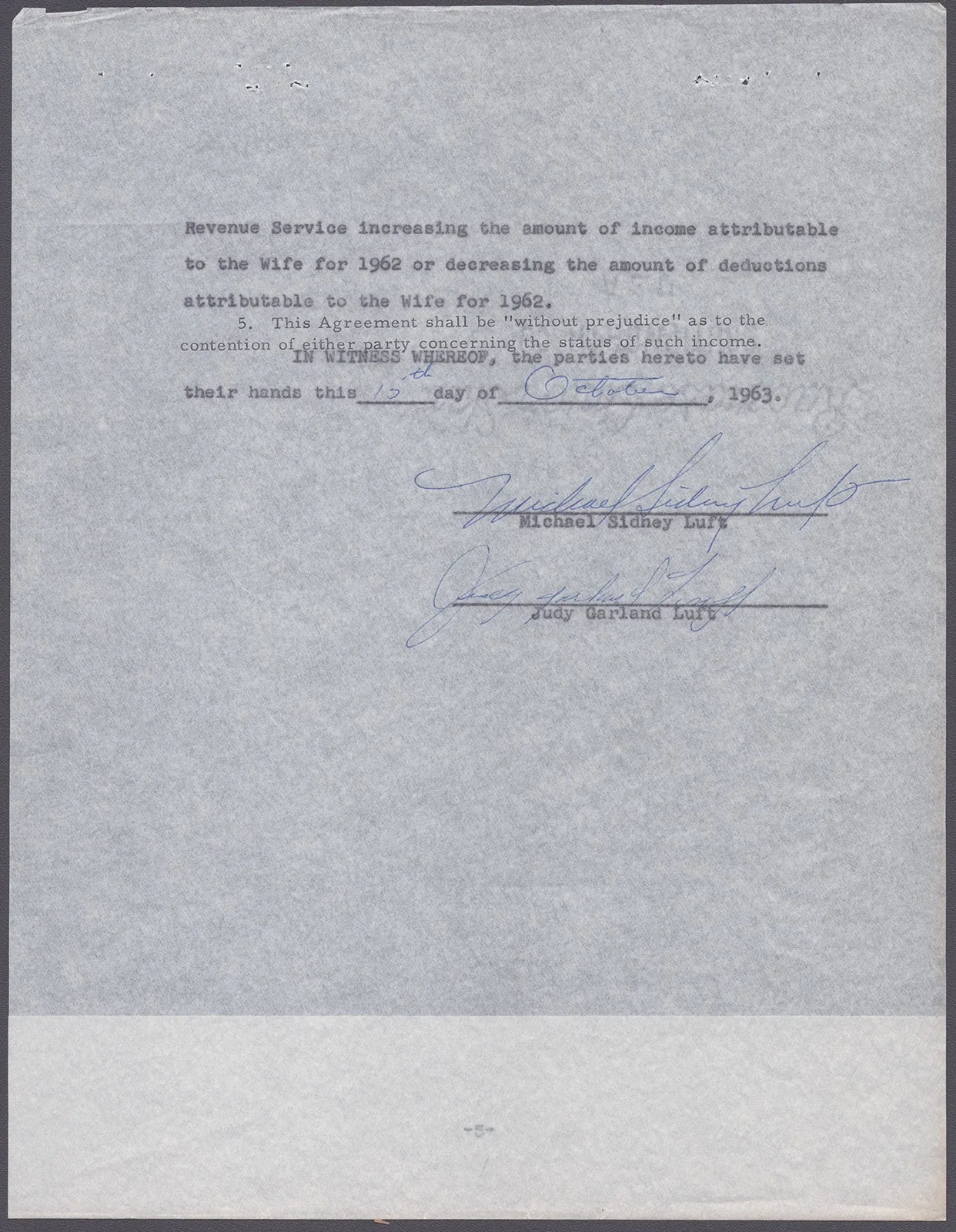 Judy Garland, Sidney Luft — JUDY GARLAND - DOCUMENT SIGNED 10/15/1963 CO-SIGNED BY: SIDNEY LUFT, image 2
