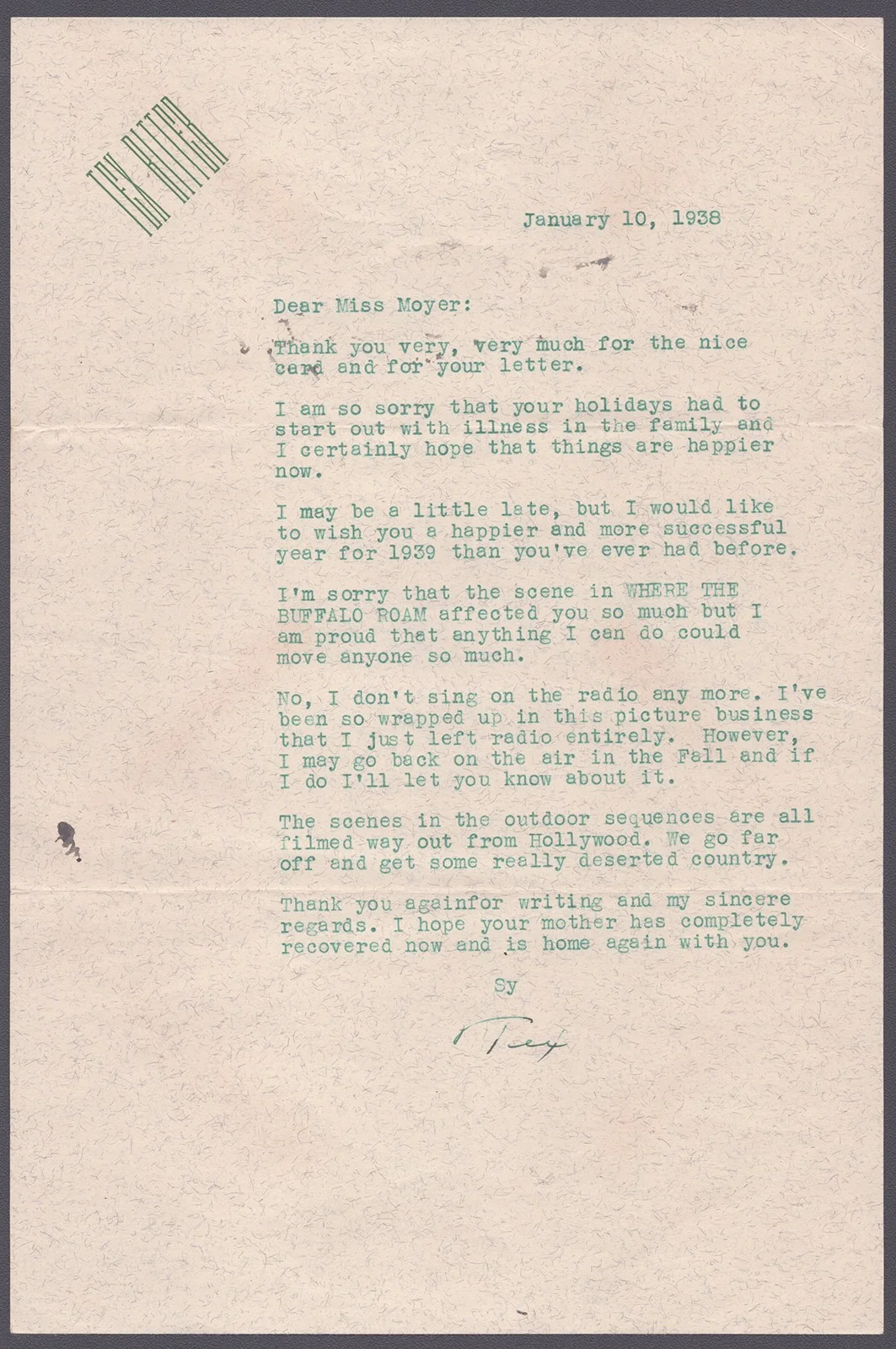 Tex Ritter — TEX RITTER - TYPED LETTER SIGNED 01/10/1938