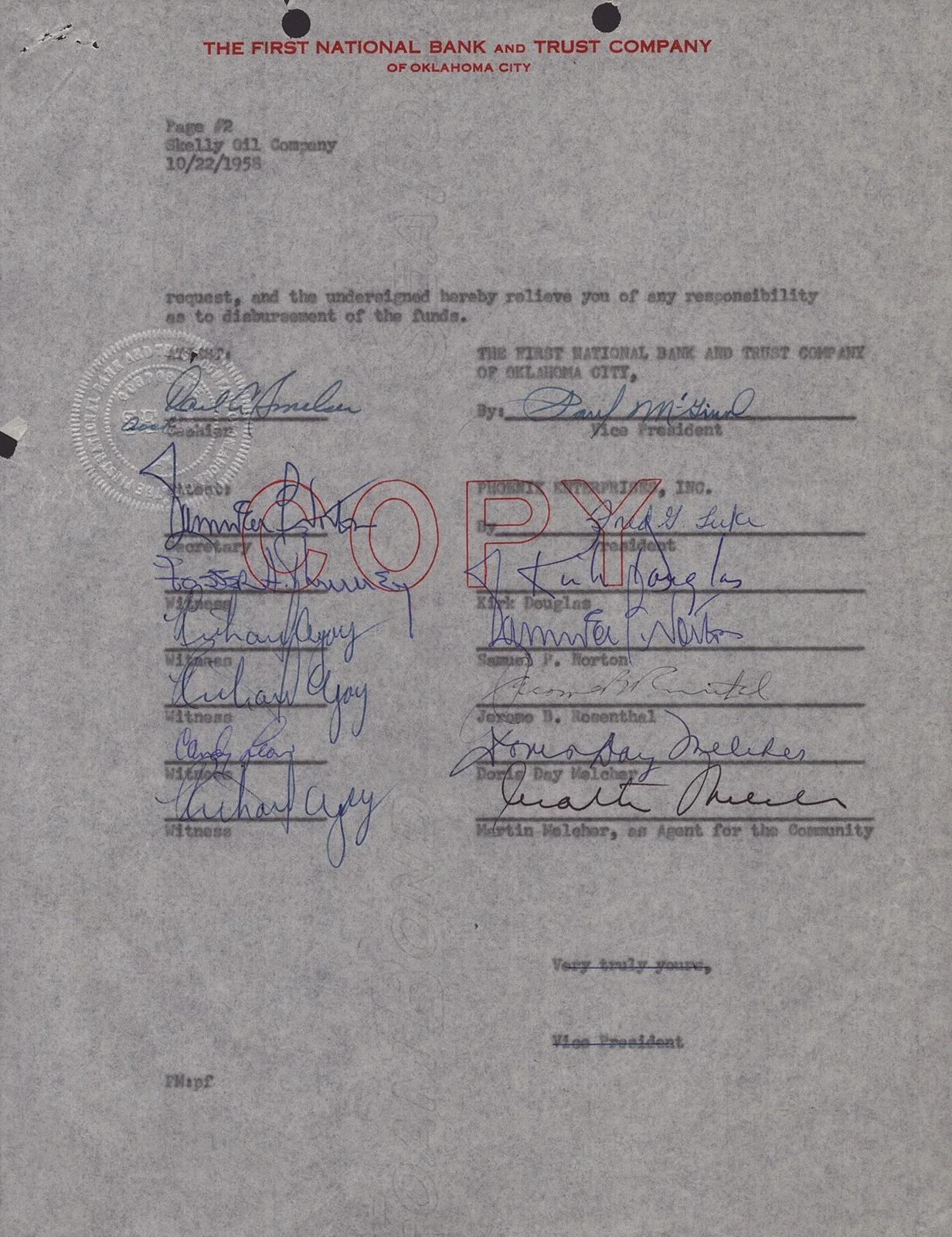 Doris Day, Martin Melcher, Kirk Douglas — DORIS DAY - DOCUMENT SIGNED 10/22/1958 WITH CO-SIGNERS, image 2