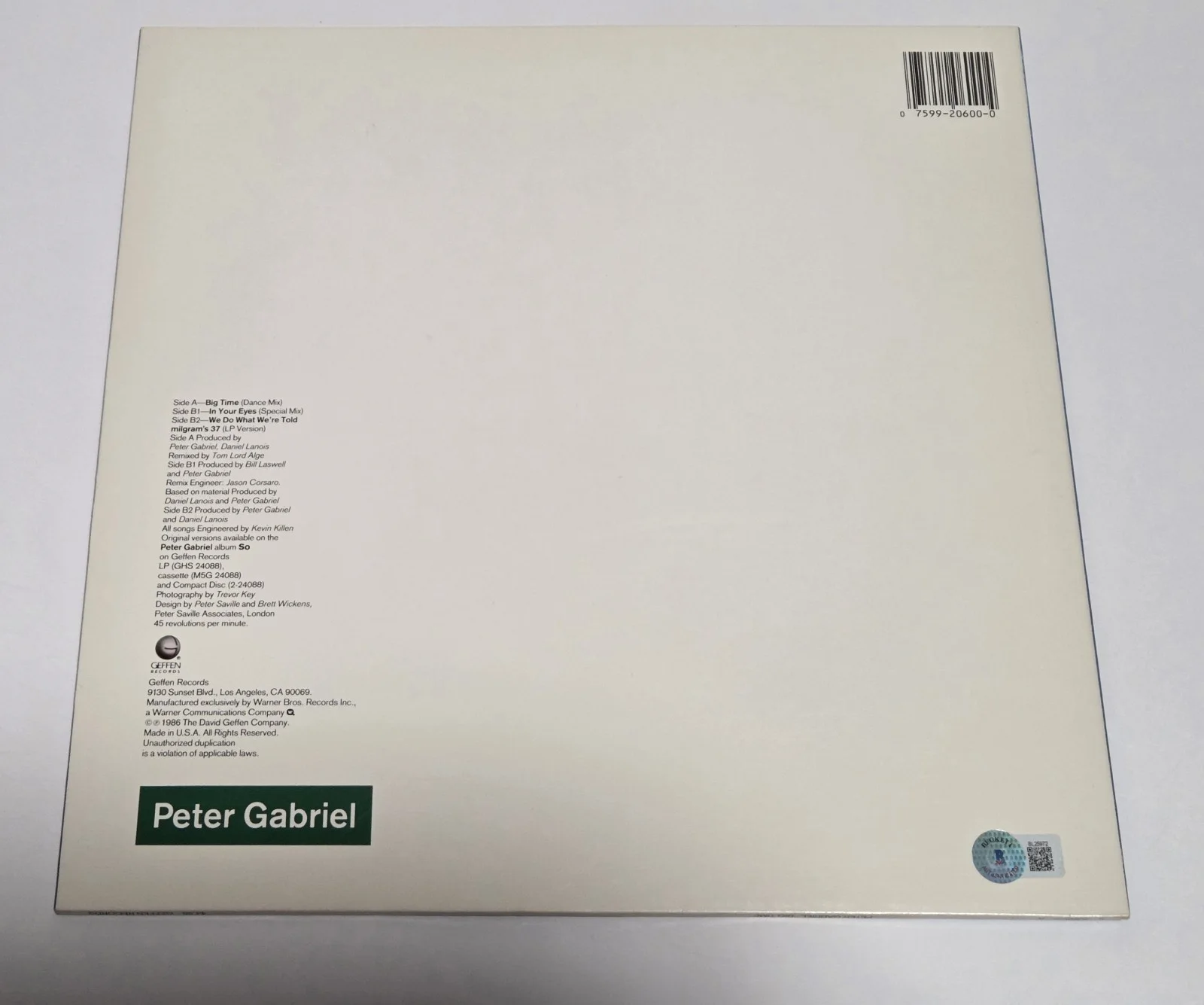 GENESIS PETER GABRIEL signed autographed "BIG TIME" LP EP RECORD BECKETT (BAS), image 3