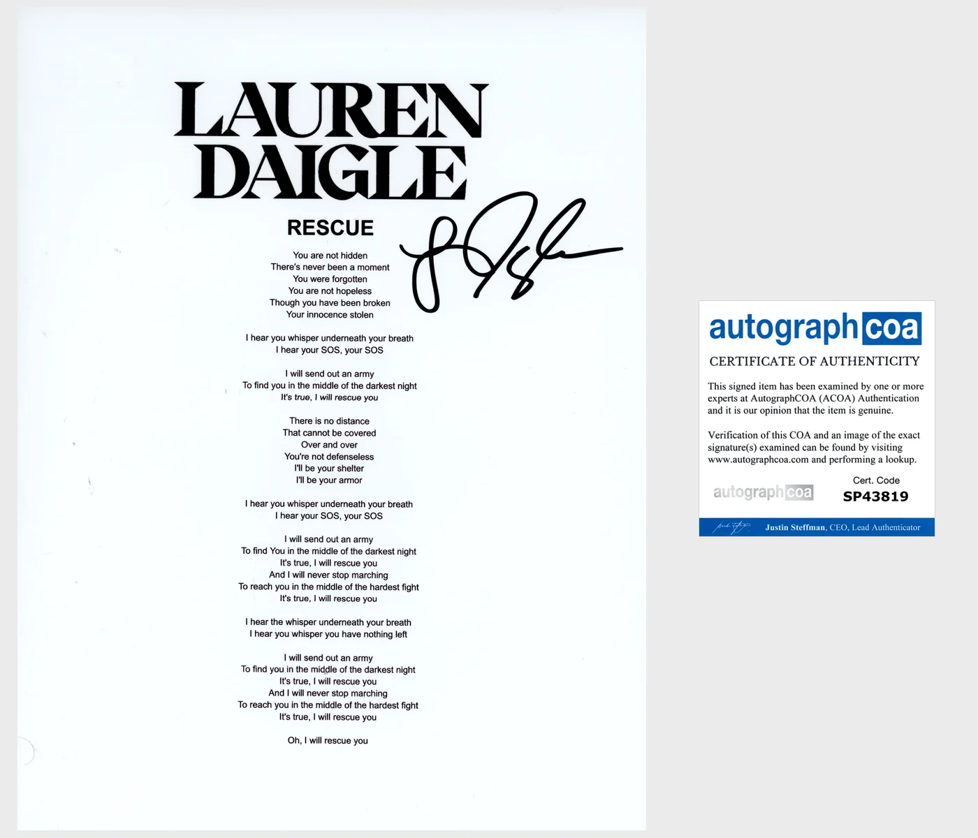 LAUREN DAIGLE SIGNED RESCUE LYRIC SHEET w/EXACT PROOF & AUTOGRAPH COA ACOA, изображение 2