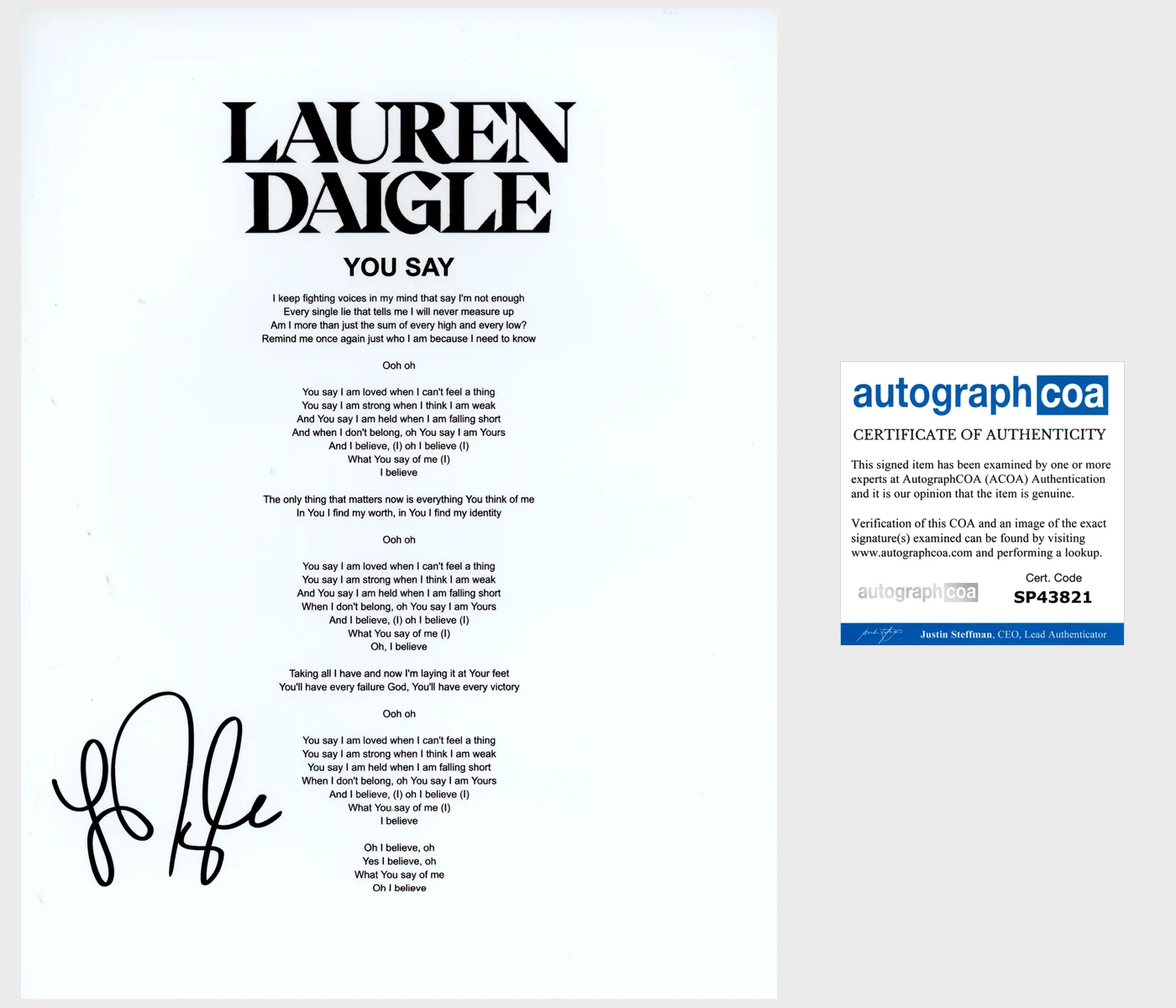 LAUREN DAIGLE SIGNED YOU SAY LYRIC SHEET w/EXACT PROOF & AUTOGRAPH COA ACOA, изображение 2