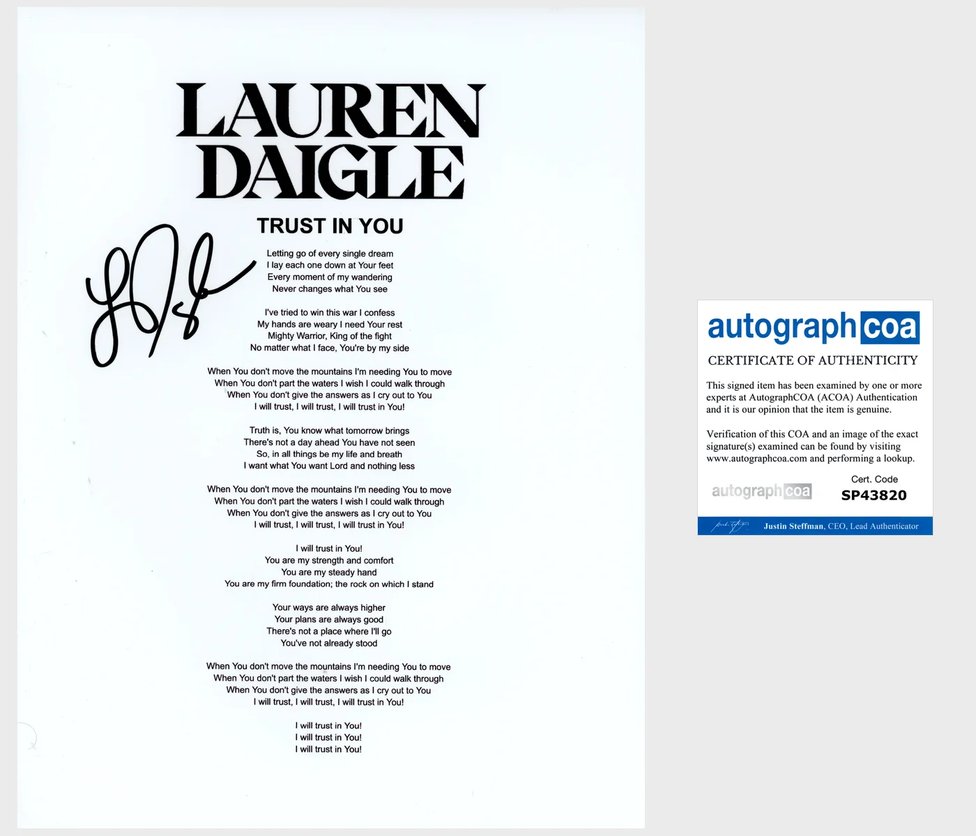 LAUREN DAIGLE SIGNED TRUST IN YOU LYRIC SHEET w/EXACT PROOF & AUTOGRAPH COA ACOA, изображение 2