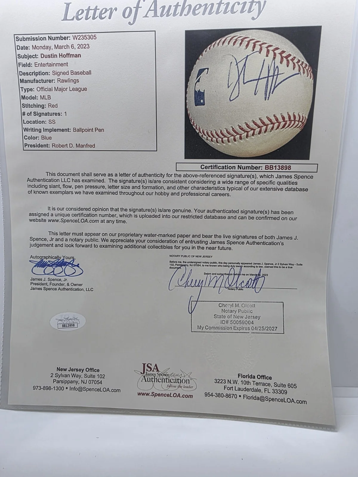 Dustin HOFFMAN — DUSTIN HOFFMAN MOVIE STAR SIGNED / AUTOGRAPHED ROMLB BASEBALL ~JSA LOA!!, изображение 3