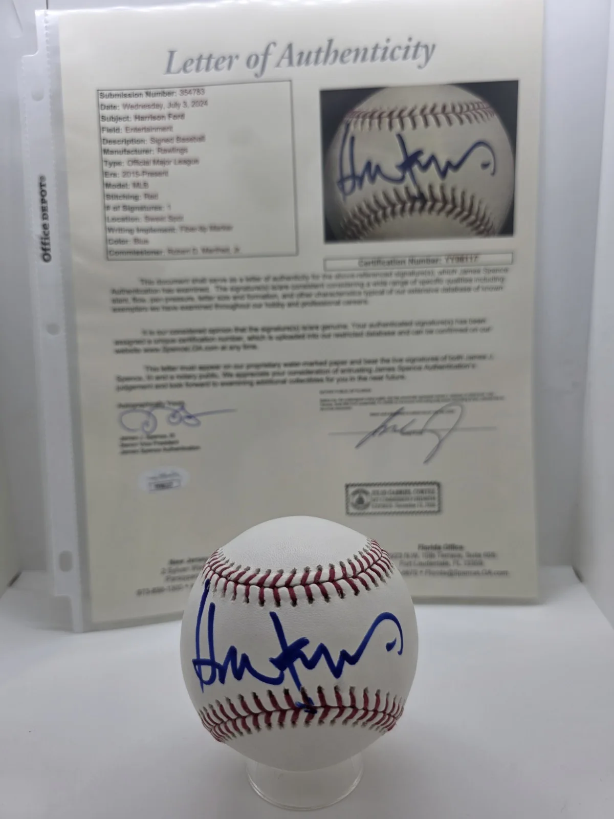 Harrison Ford — HARRISON FORD MOVIE STAR SIGNED / AUTOGRAPHED ROMLB BASEBALL ~JSA LOA!!, изображение 2