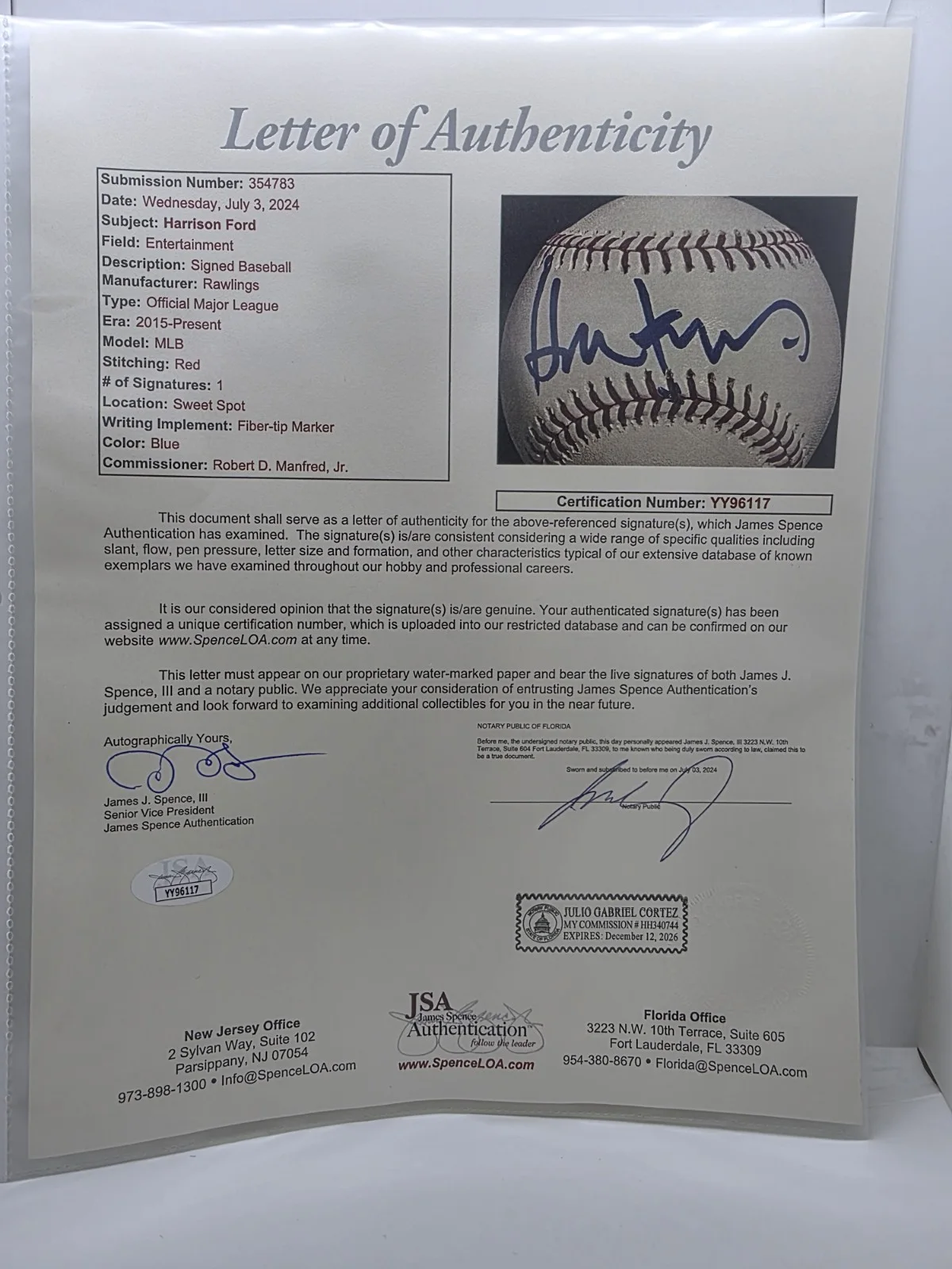 Harrison Ford — HARRISON FORD MOVIE STAR SIGNED / AUTOGRAPHED ROMLB BASEBALL ~JSA LOA!!, изображение 4