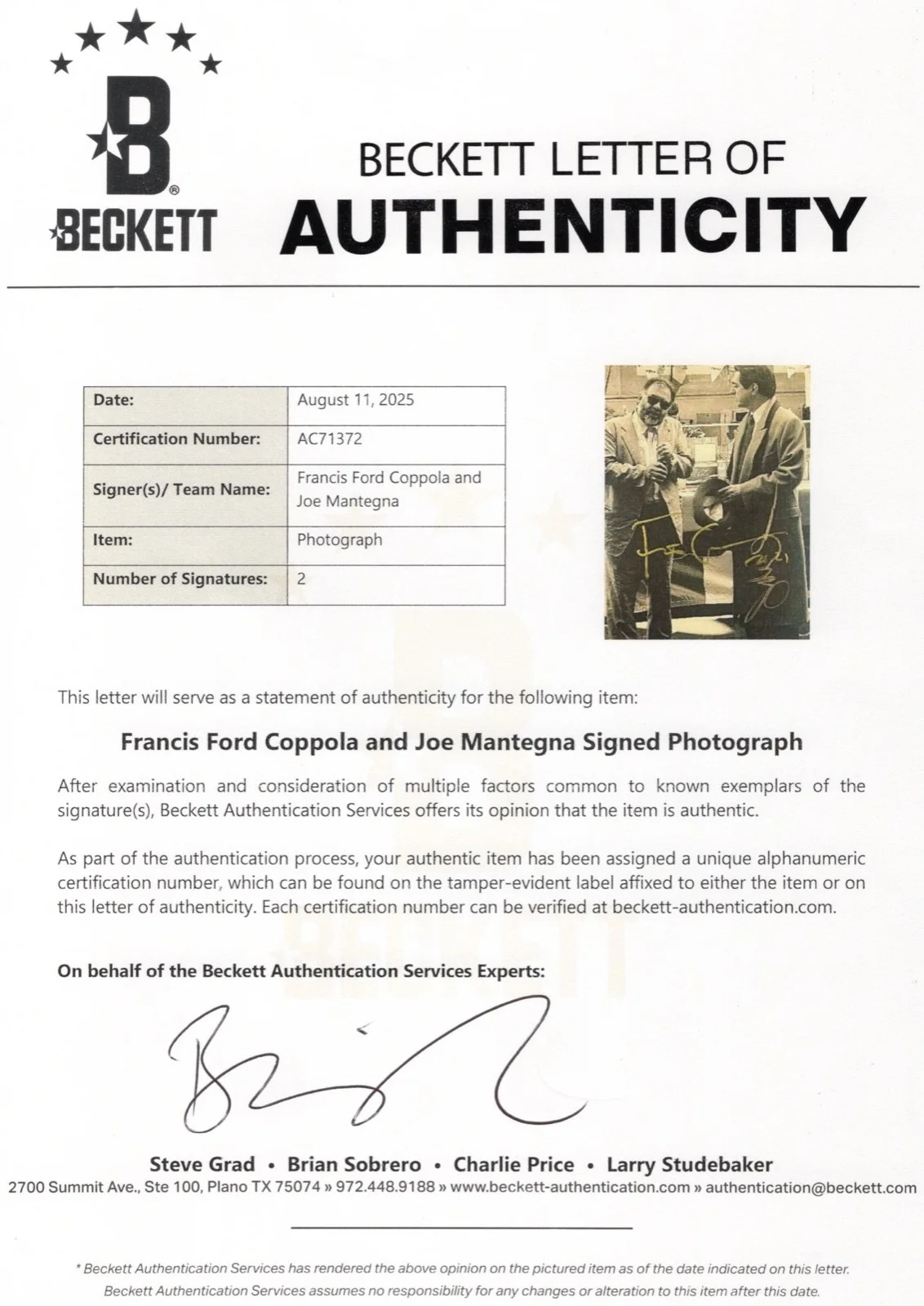 Al Pacino — Francis Ford Coppola Joe Mantegna Autographed Signed GODFATHER 8x10 Photo BAS, изображение 2