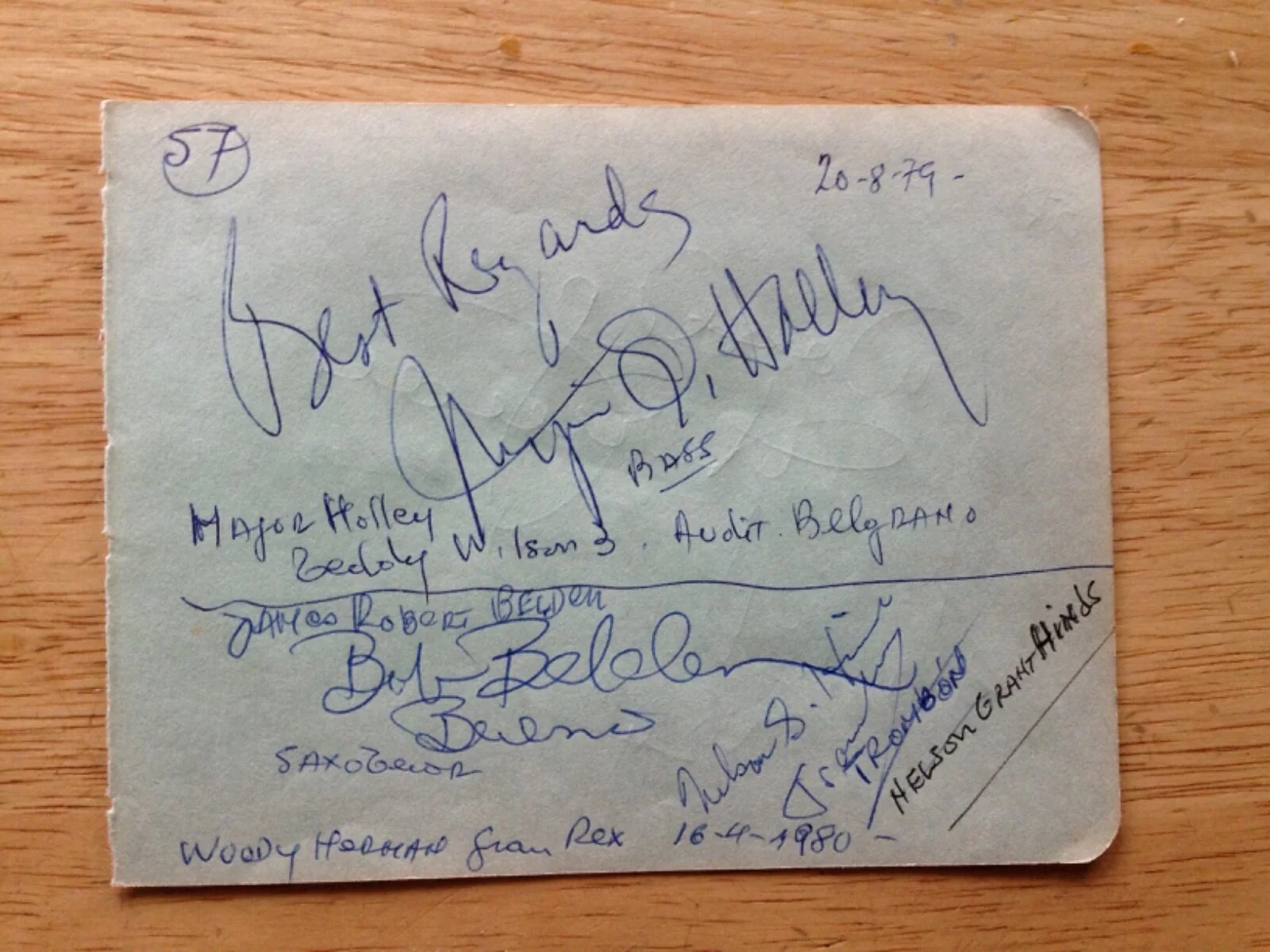 JAZZ SIGNED PAGE: MAJOR HOLLEY/WOODY HERMAN/FRANK TIBERI/BOB BELDEN/NELSON HINDS, изображение 2