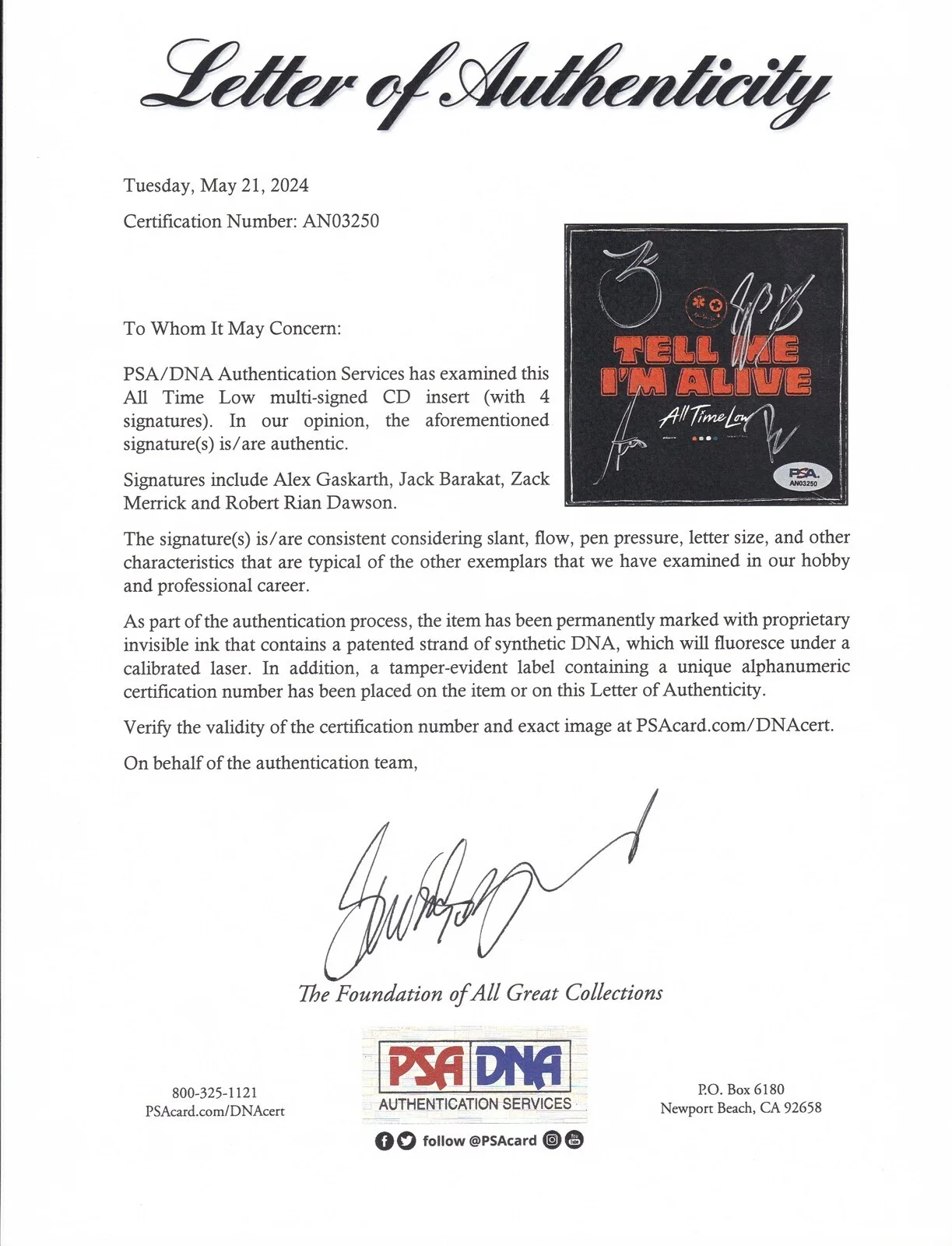 All Time Low Entire Band Signed Autograph Tell Me I'm Alive CD Framed PSA COA, изображение 4
