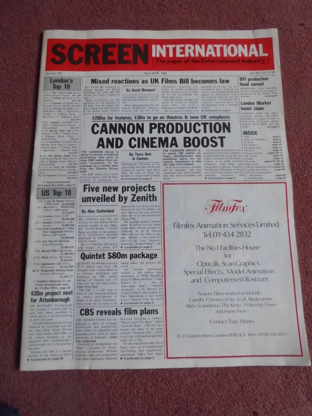 SCREEN INTERNATIONAL (1985) UK trade mag THE COTTON CLUB, etc, изображение 2