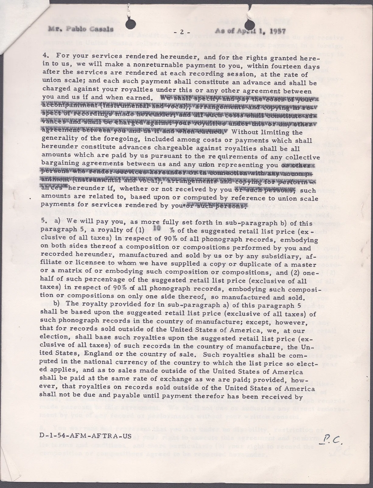 Pablo Casals — PABLO CASALS - CONTRACT MULTI-SIGNED 04/01/1957, image 2