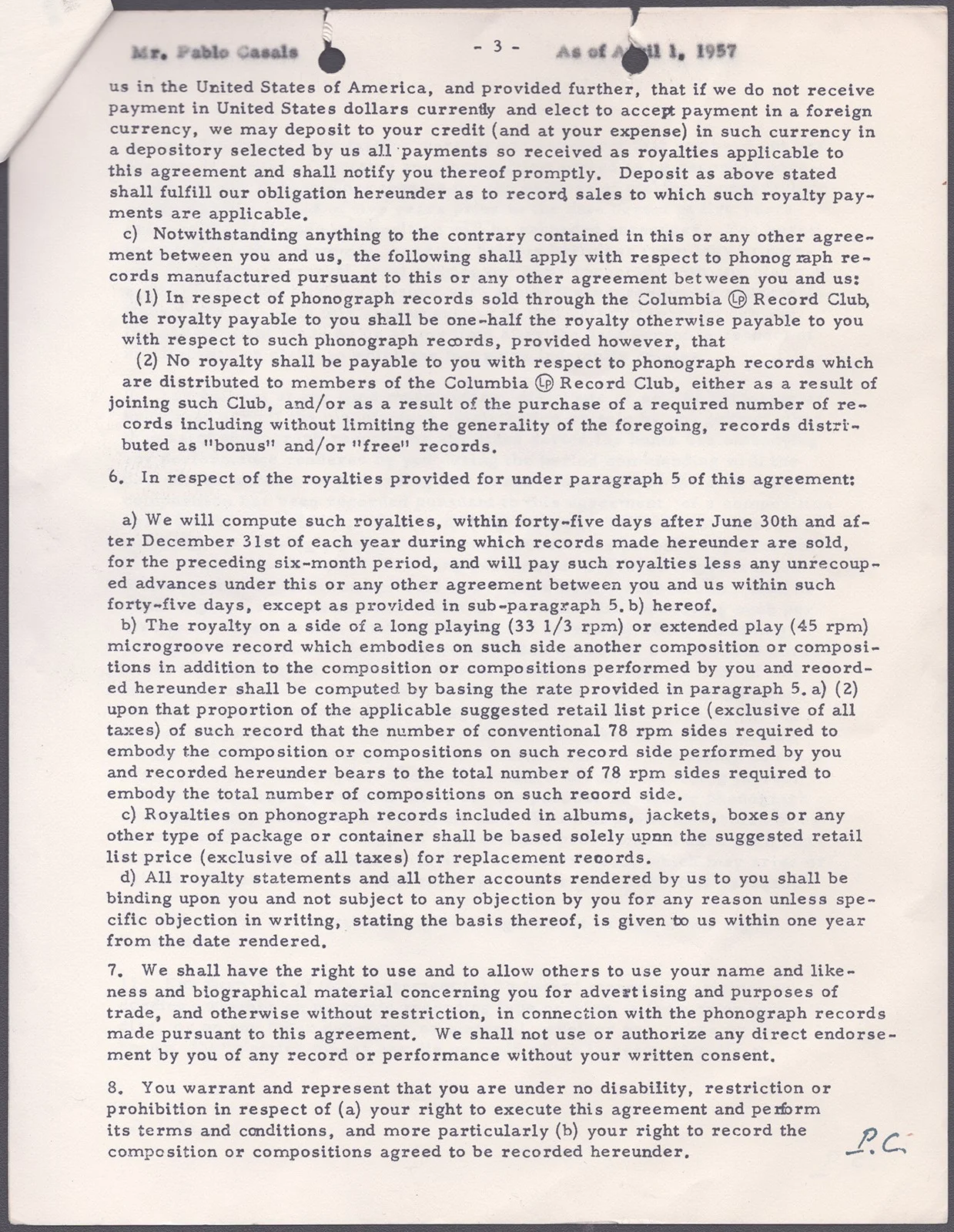 Pablo Casals — PABLO CASALS - CONTRACT MULTI-SIGNED 04/01/1957, image 3