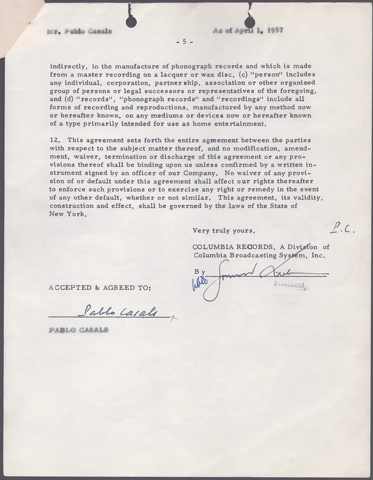 Pablo Casals — PABLO CASALS - CONTRACT MULTI-SIGNED 04/01/1957, image 5