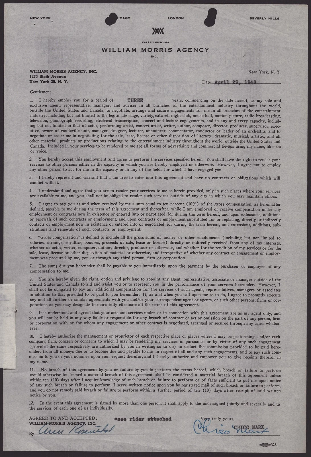 Chico Marx — CHICO (LEONARD) MARX - CONTRACT DOUBLE SIGNED 04/28/1948, image 4
