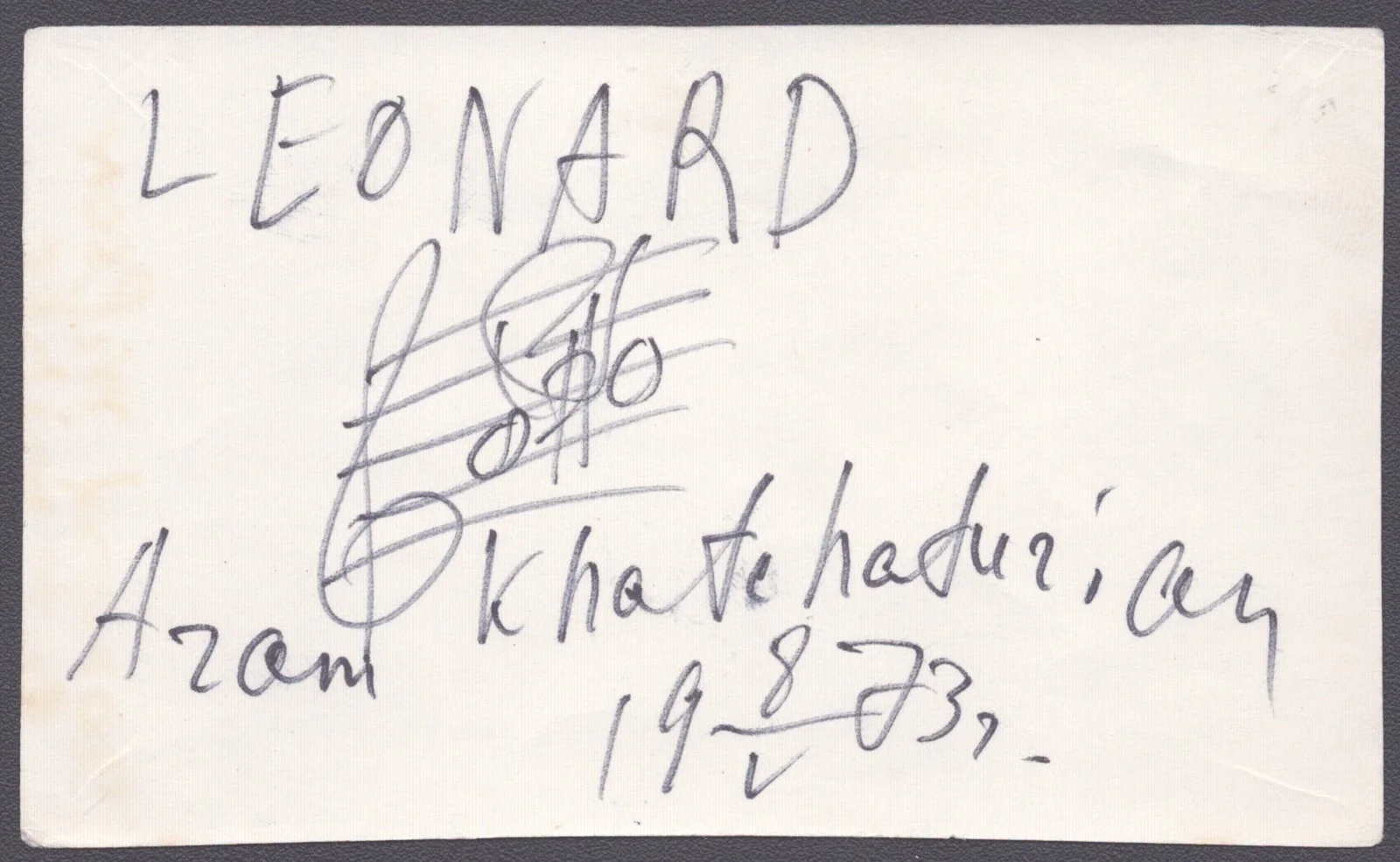 Aram Khachaturian — ARAM KHACHATURIAN - INSCRIBED AUTOGRAPH MUSICAL QUOTATION SIGNED 08/19/1973